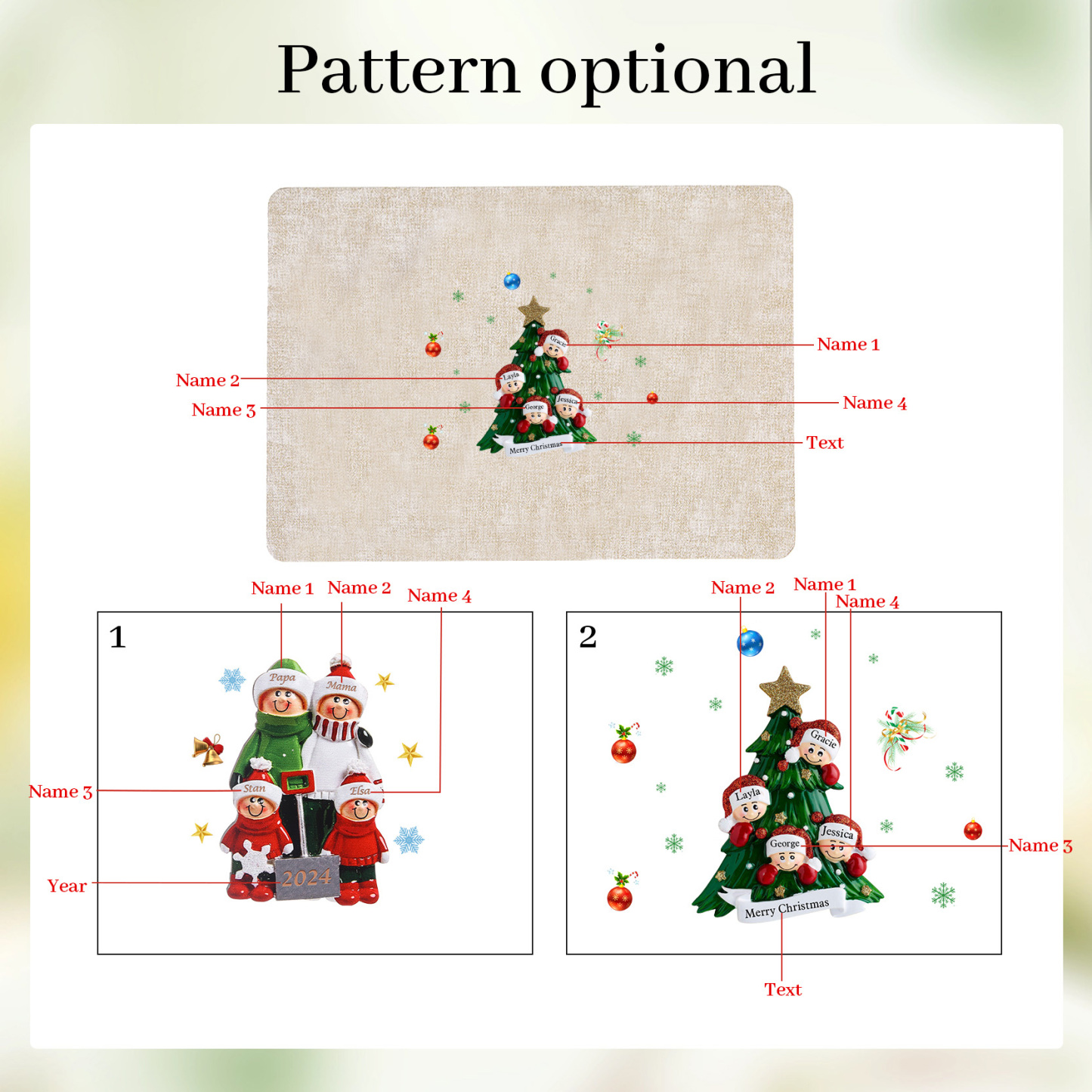Personalized Christmas Placemats with 2-6 Names and 2 Festive Patterns