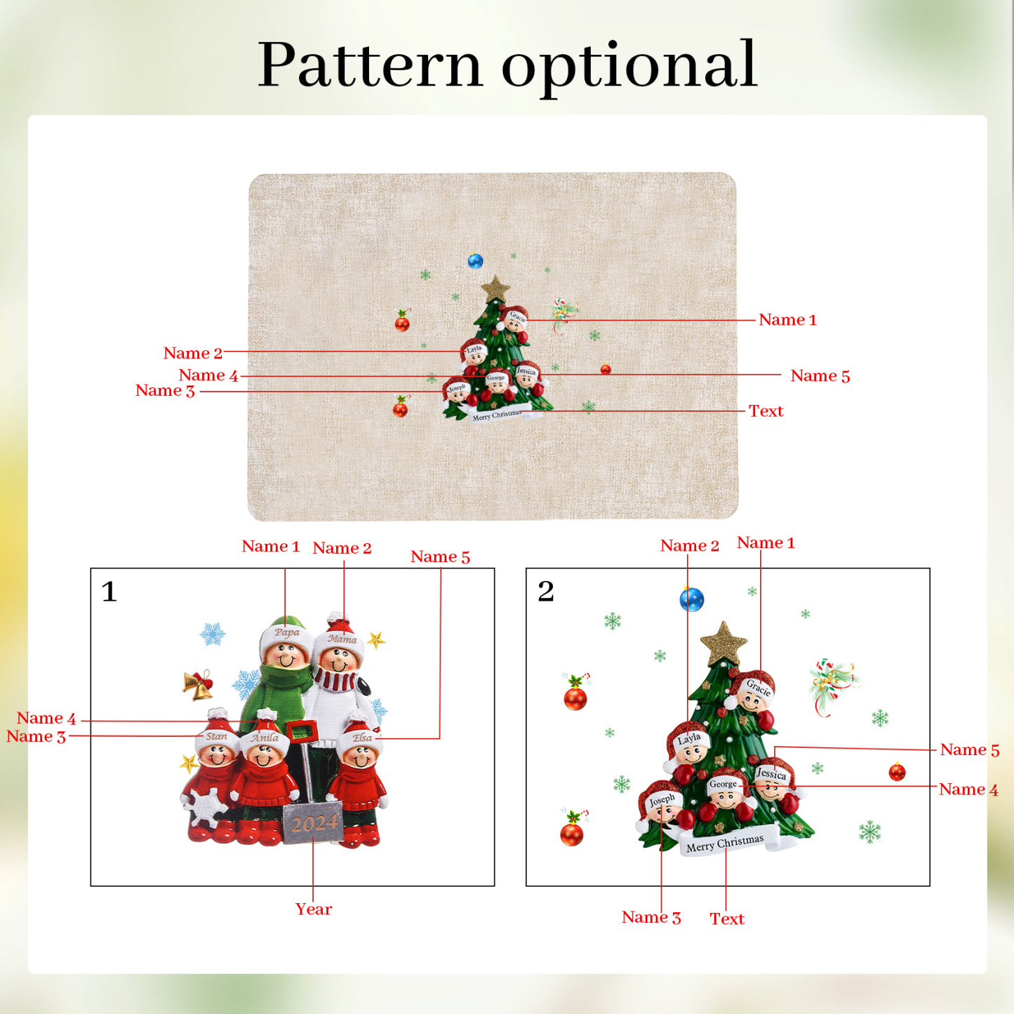Personalized Christmas Placemats with 2-6 Names and 2 Festive Patterns