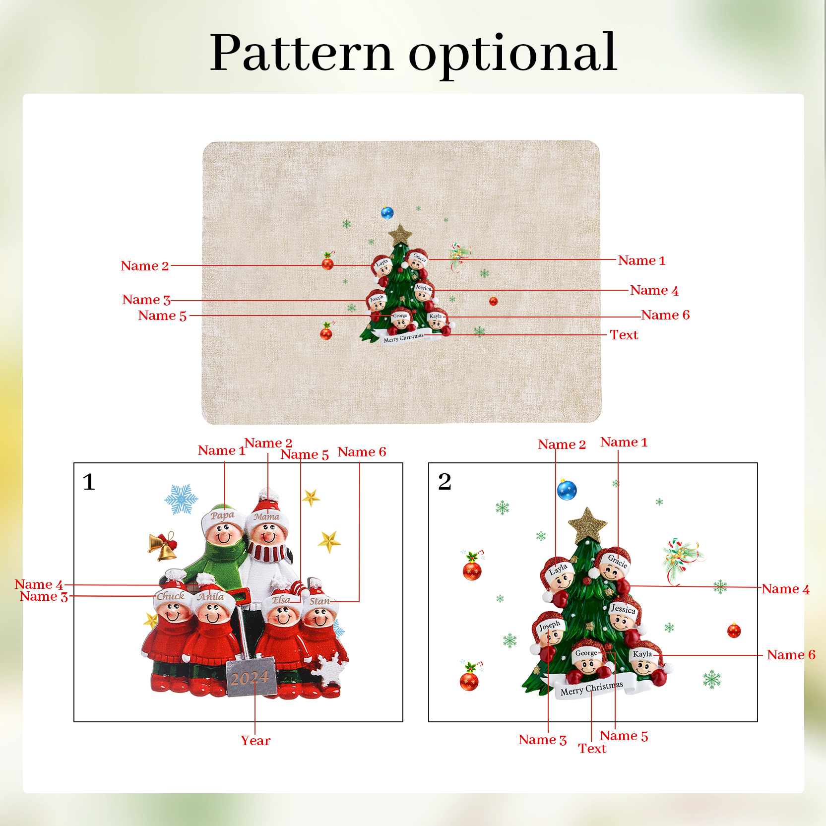 Personalized Christmas Placemats with 2-6 Names and 2 Festive Patterns