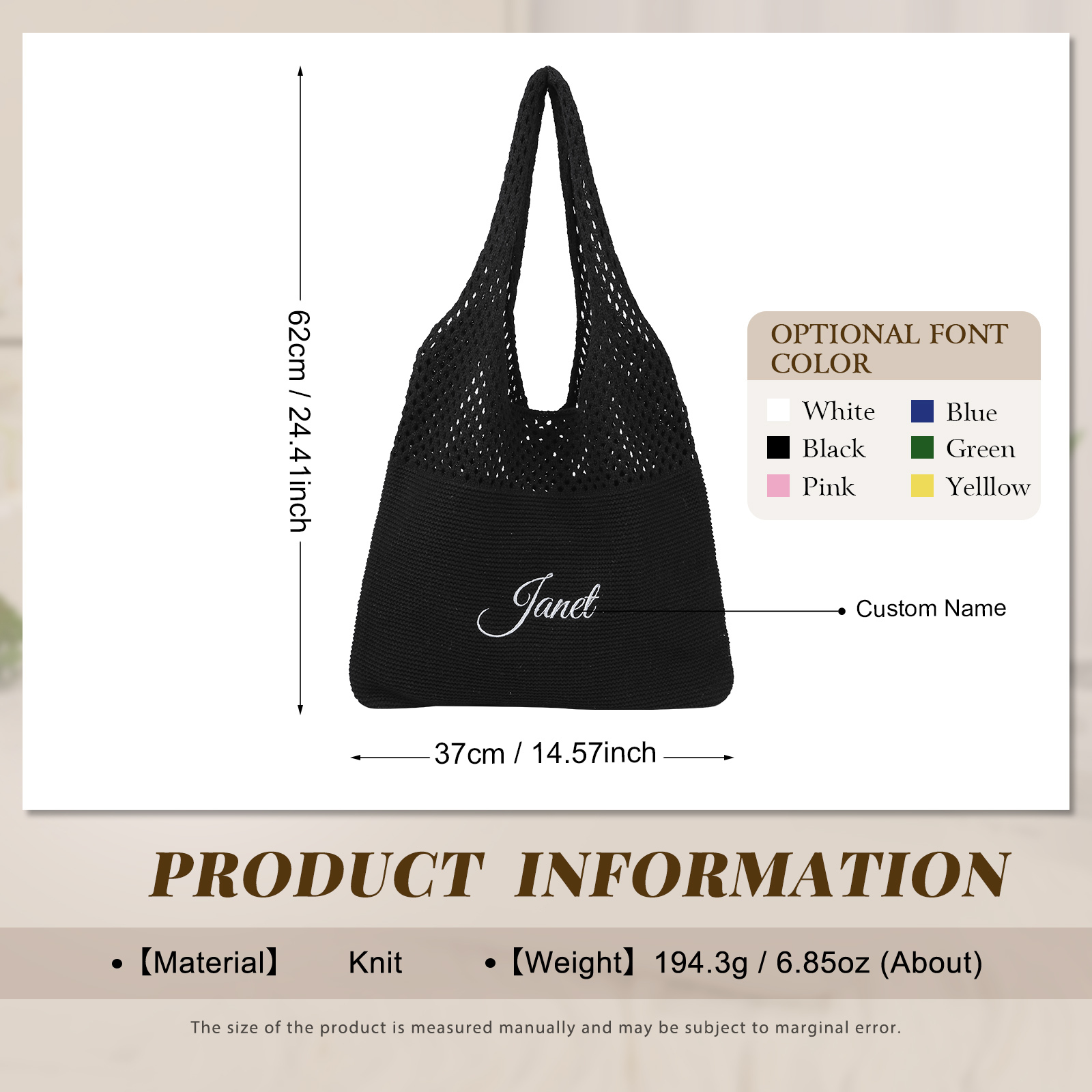 Personalized Women’s Casual Shoulder Bag with 1 Name Hollow Knitting Handbag for Daily Shopping