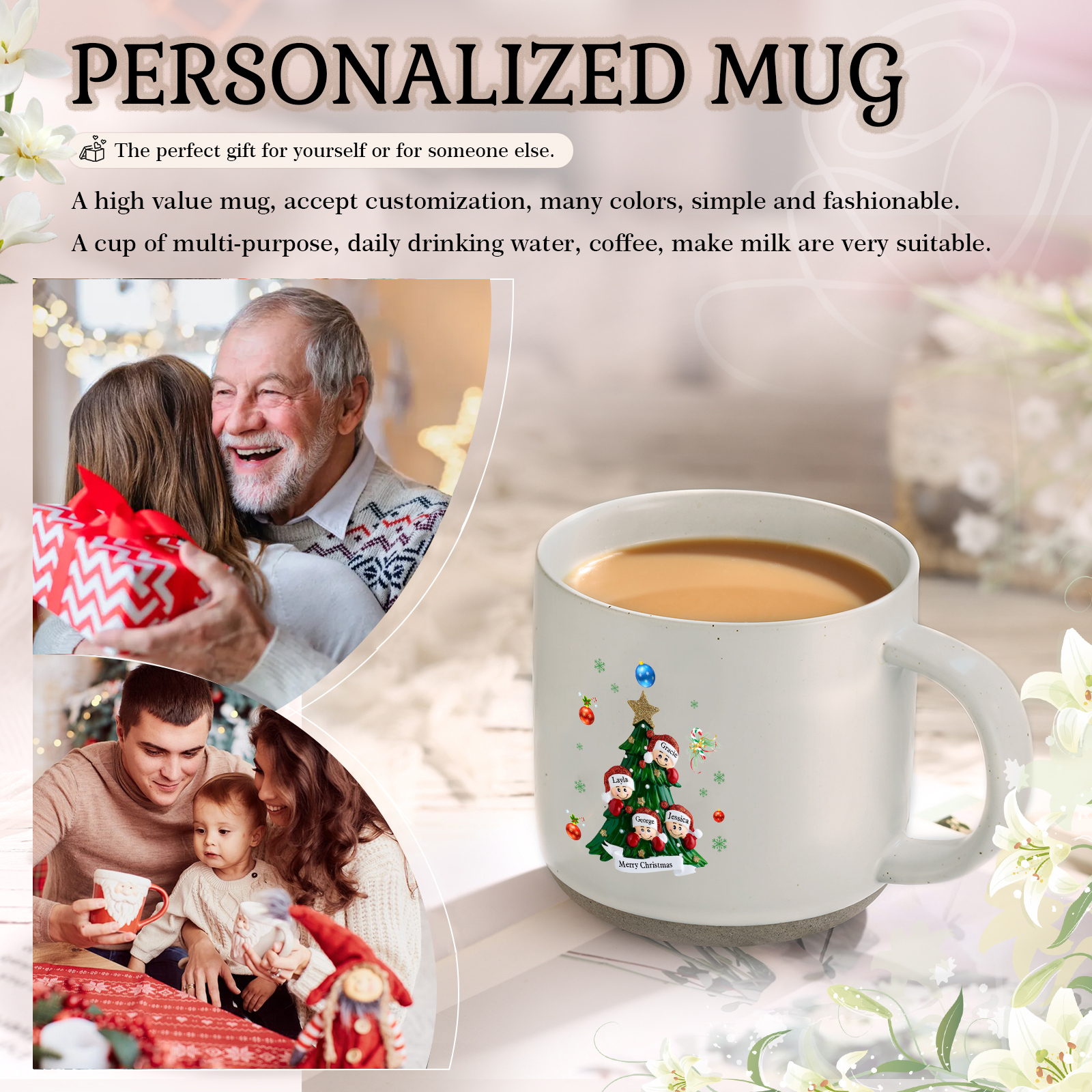 Personalized Christmas Tree Mug with Custom 2-6 Names and Text Perfect Holiday Gift for Family