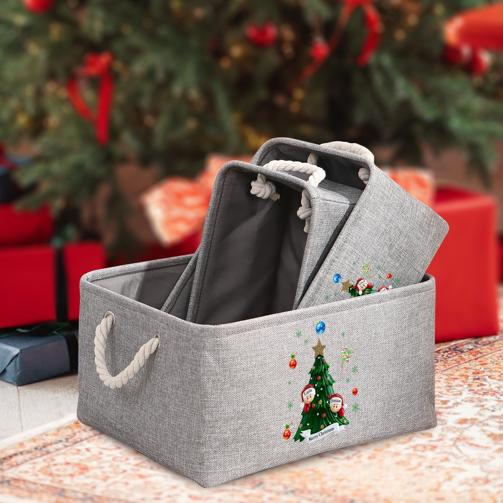 Personalized Christmas Storage Bins with Handles 2-6 Names & 1 Text Customizable Cubes