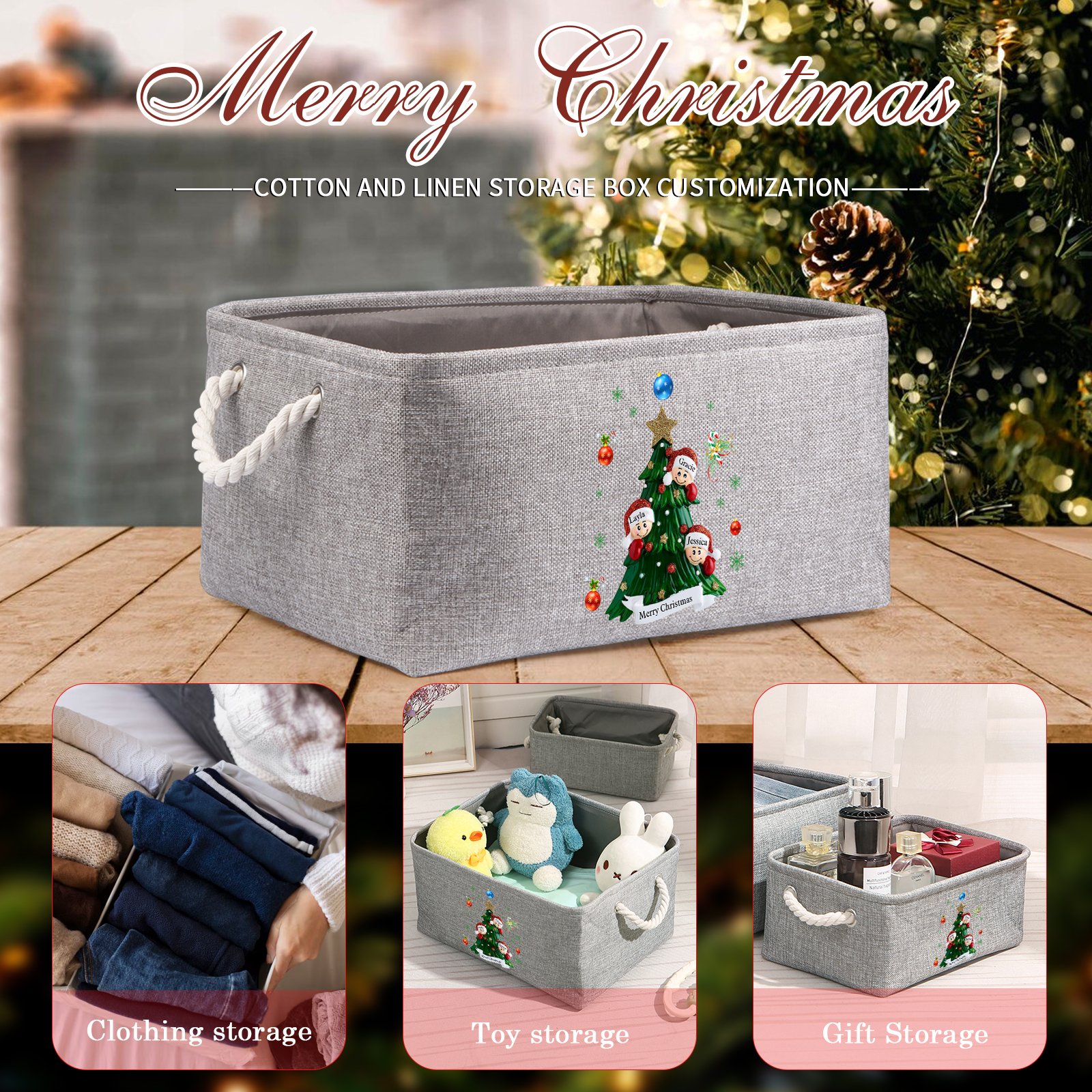 Personalized Christmas Storage Bins with Handles 2-6 Names & 1 Text Customizable Cubes