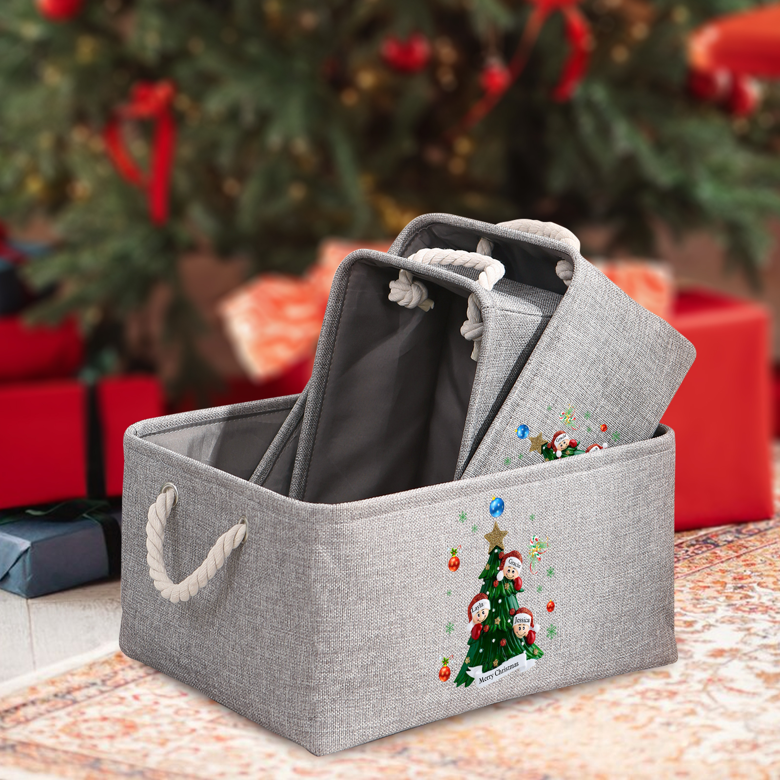 Personalized Christmas Storage Bins with Handles 2-6 Names & 1 Text Customizable Cubes