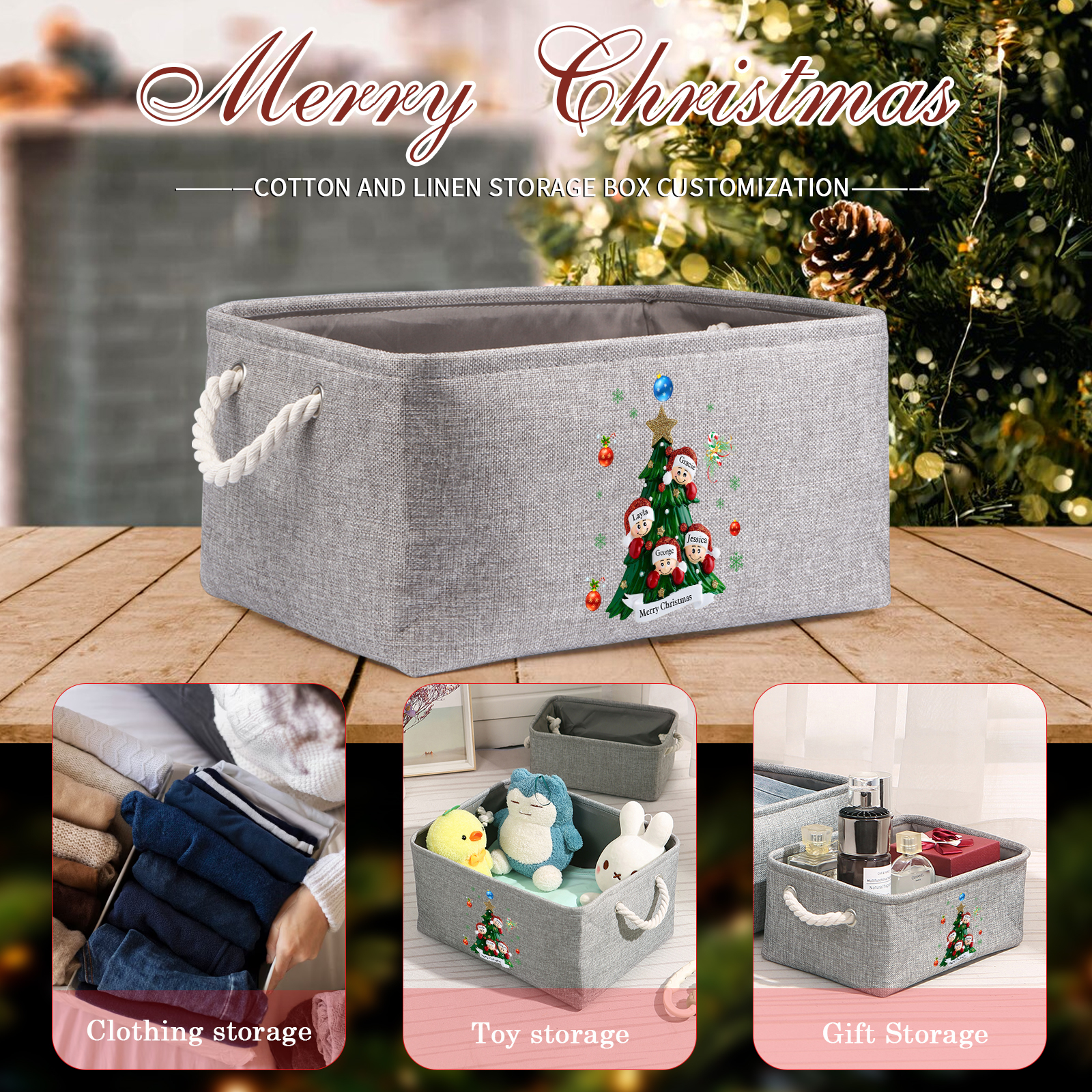 Personalized Christmas Storage Bins with Handles 2-6 Names & 1 Text Customizable Cubes