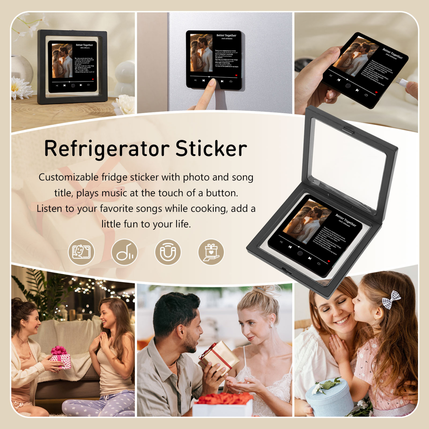 Personalized Music Fridge Magnet 1 Long Text and 1 Photo Gift for Couple