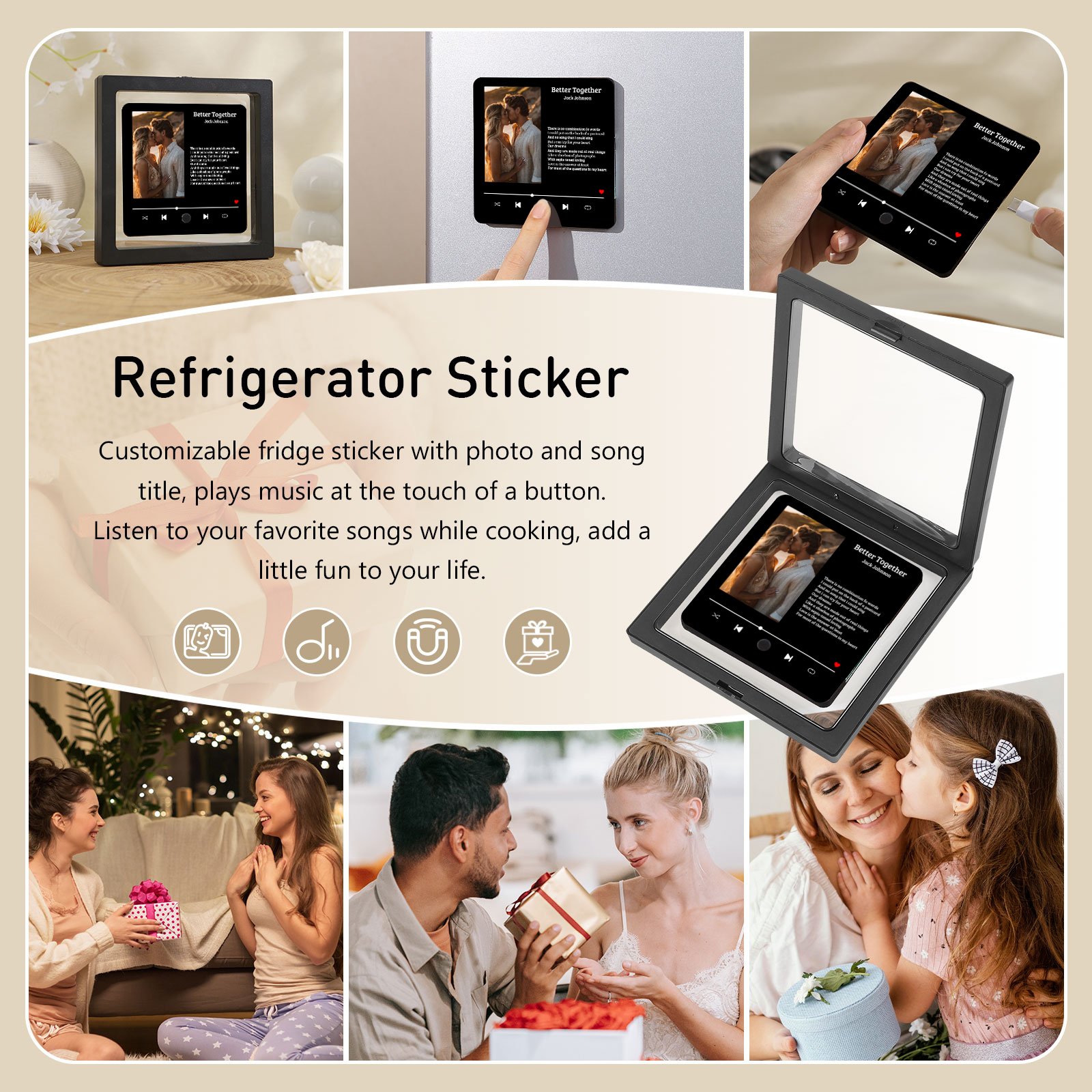 Personalized Music Fridge Magnet 1 Long Text and 1 Photo Gift for Couple