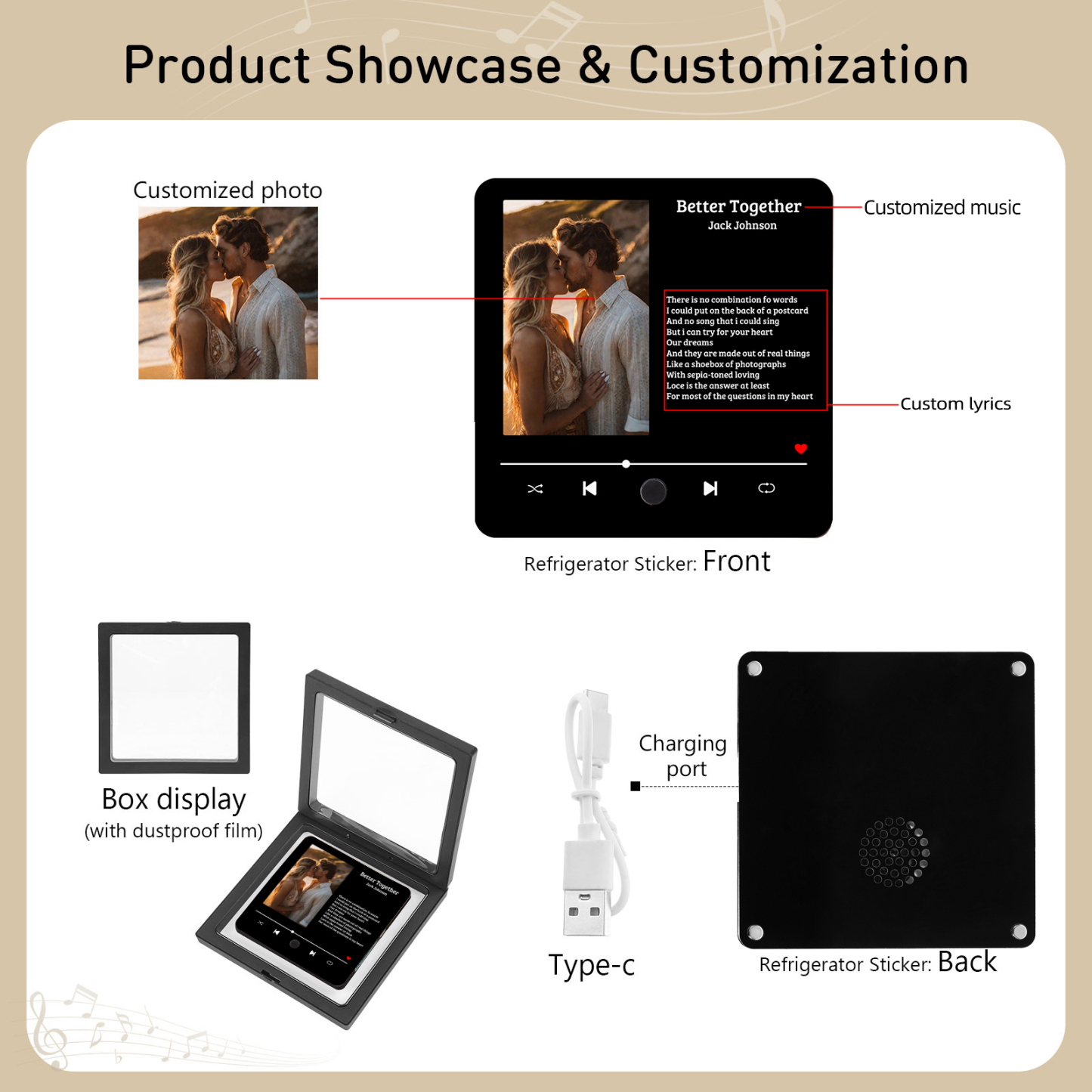 Personalized Music Fridge Magnet 1 Long Text and 1 Photo Gift for Couple