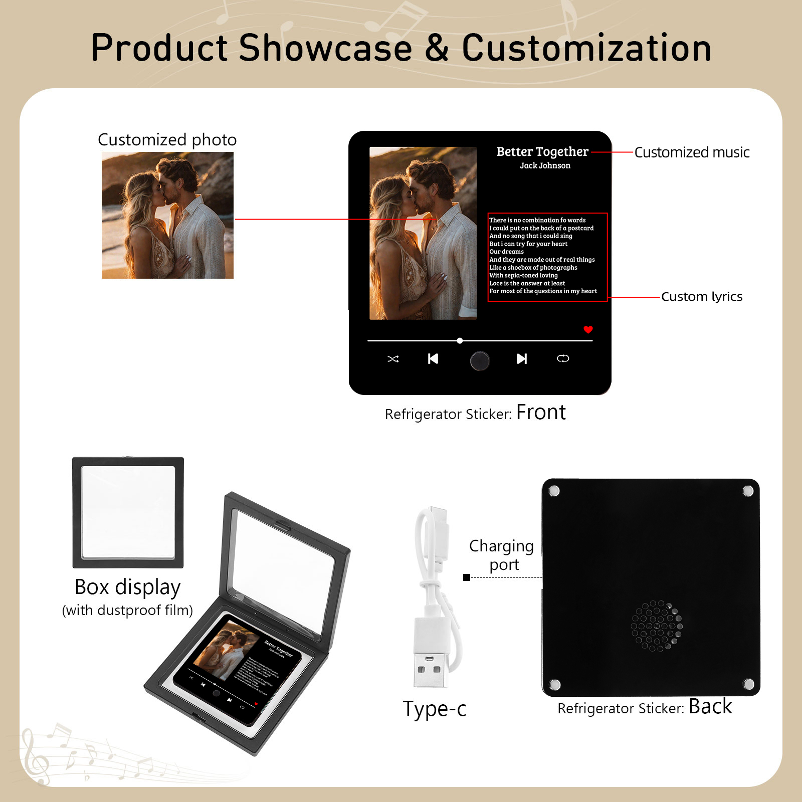 Personalized Music Fridge Magnet 1 Long Text and 1 Photo Gift for Couple