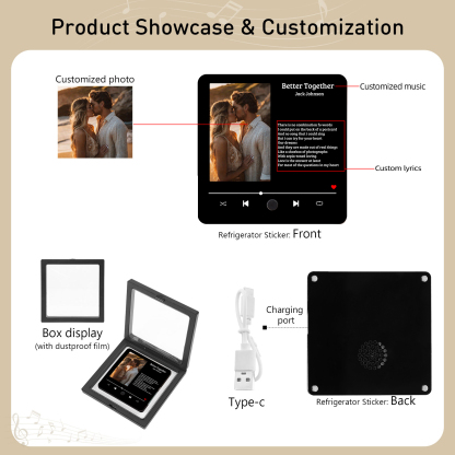 Personalized Music Fridge Magnet 1 Long Text and 1 Photo Gift for Couple