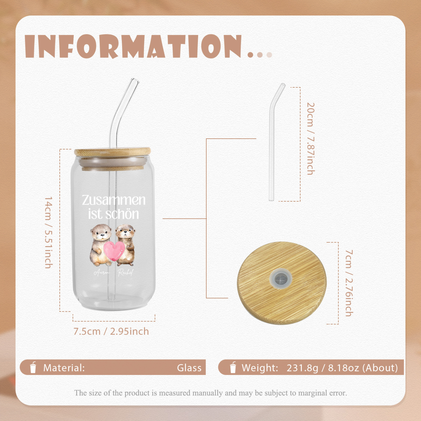 Personalized Photo and Text Glass Bottle Together is Beautiful Otter Design for Couples