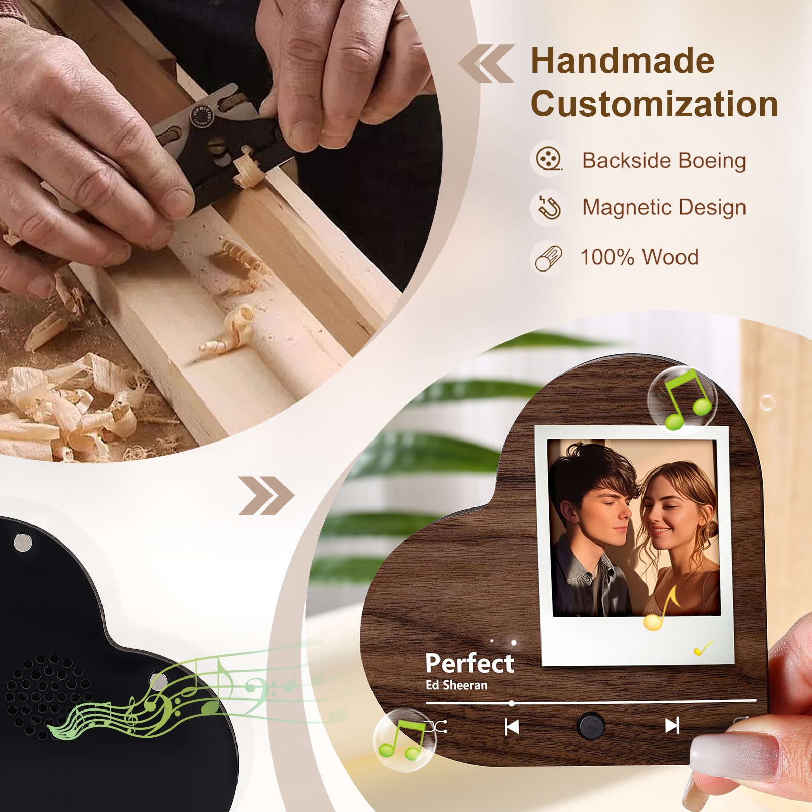 Personalized Music Player with Photo Wood Color Heart Shaped Magnet Gift for Couple