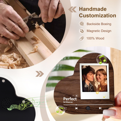 Personalized Music Player with Photo Wood Color Heart Shaped Magnet Gift for Couple