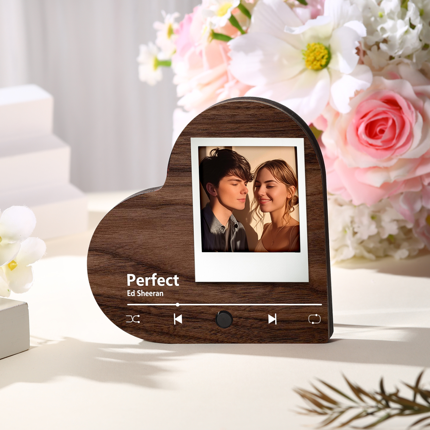 Personalized Music Player with Photo Wood Color Heart Shaped Magnet Gift for Couple