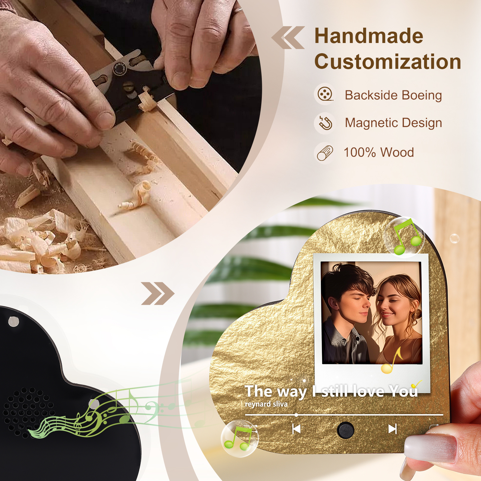 Personalized Music Player with Photo Flowing Gold Heart-Shaped Magnet Gift for Couple
