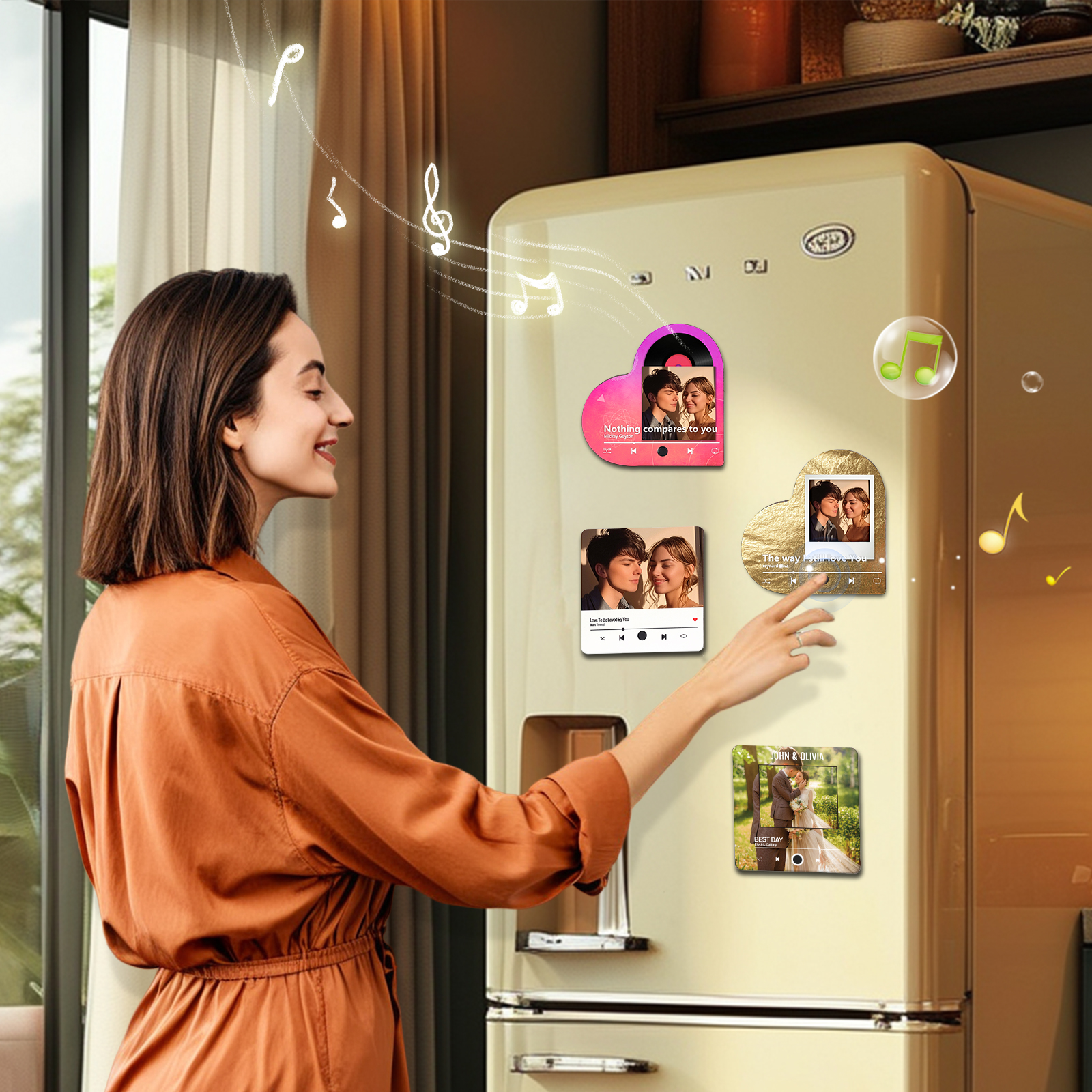 Personalized Music Player with Photo Flowing Gold Heart-Shaped Magnet Gift for Couple