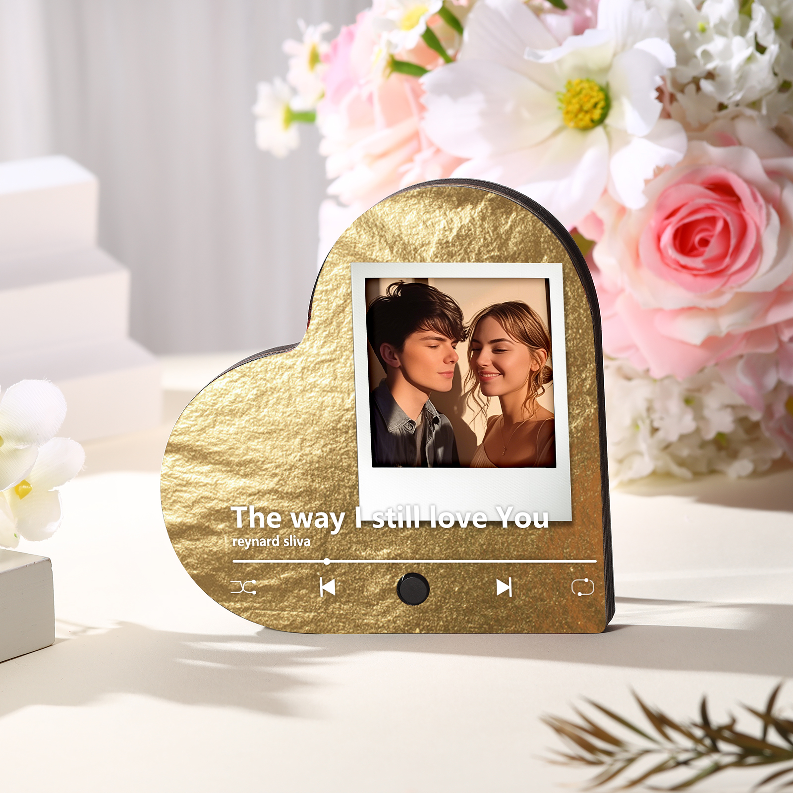 Personalized Music Player with Photo Flowing Gold Heart-Shaped Magnet Gift for Couple