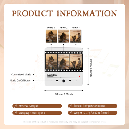 Personalised Photo Fridge Magnet Custom 3 Photos with Music Romantic Valentine's Day Gift for Couples | Lorajewel