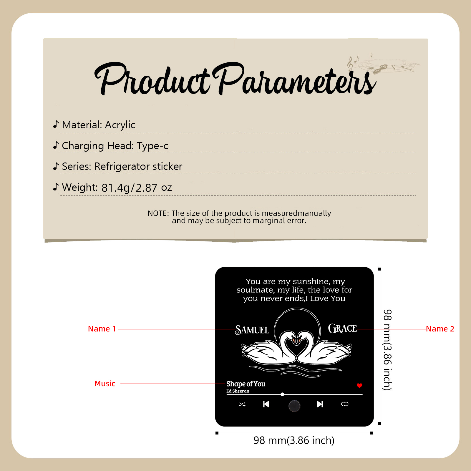 Personalized Fridge Magnet 2 Swans You are My Sunshine Romantic Music Plaque with Customized Names & Song