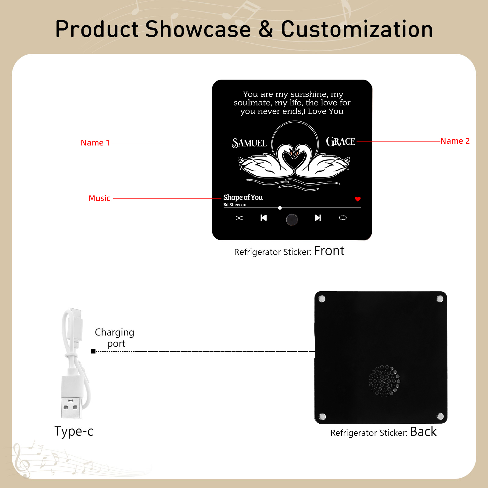 Personalized Fridge Magnet 2 Swans You are My Sunshine Romantic Music Plaque with Customized Names & Song