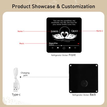 Personalized Fridge Magnet 2 Swans You are My Sunshine Romantic Music Plaque with Customized Names & Song