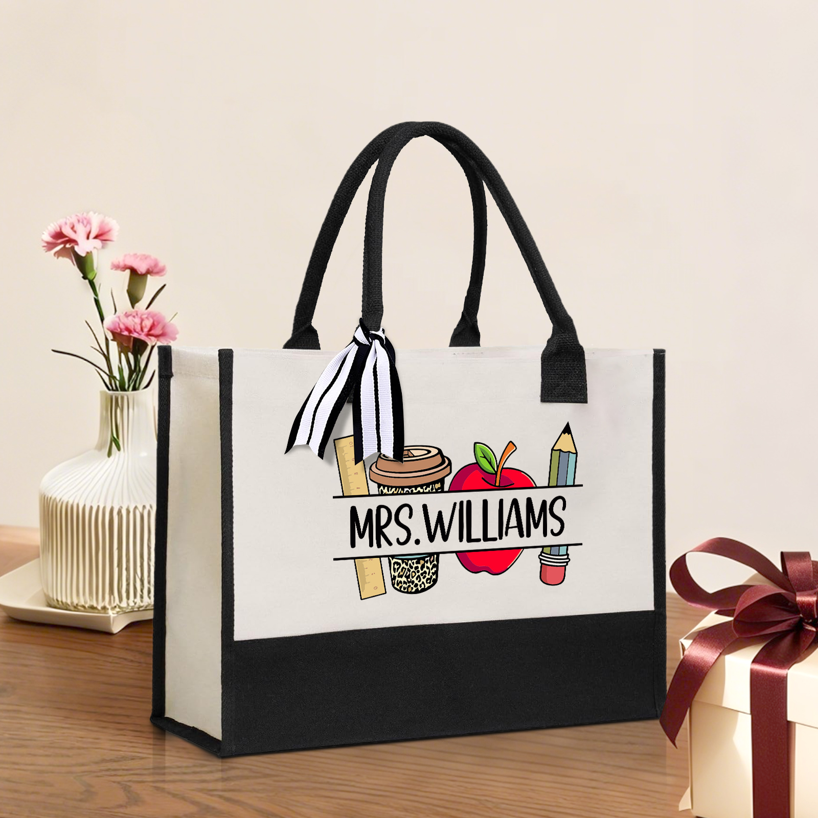 Personalized Teacher Canvas Tote Bag – Custom Name Gift for Teachers' Day | Lorajewel