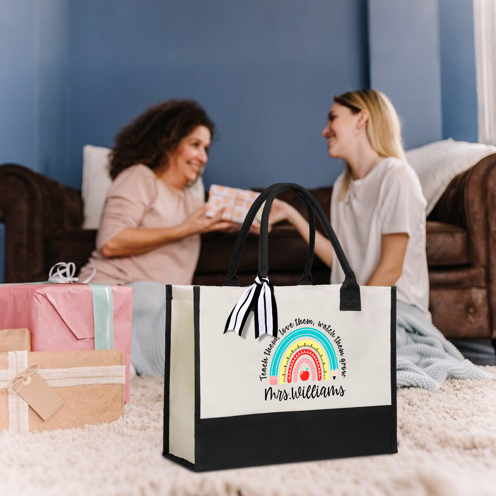 Personalized Teacher Canvas Tote Bag – Custom Name Gift for Teachers' Day | Lorajewel