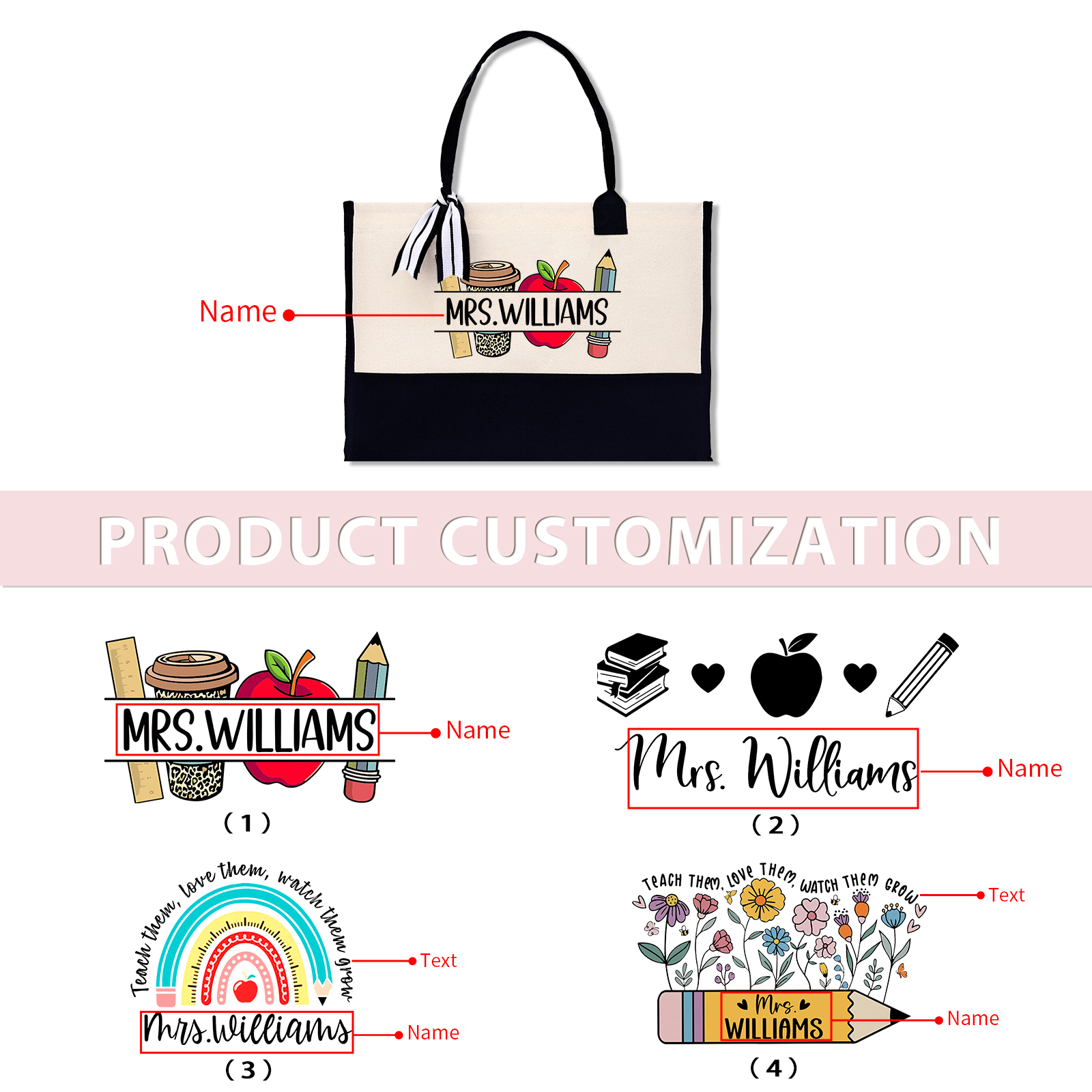 Personalized Teacher Canvas Tote Bag – Custom Name Gift for Teachers' Day | Lorajewel