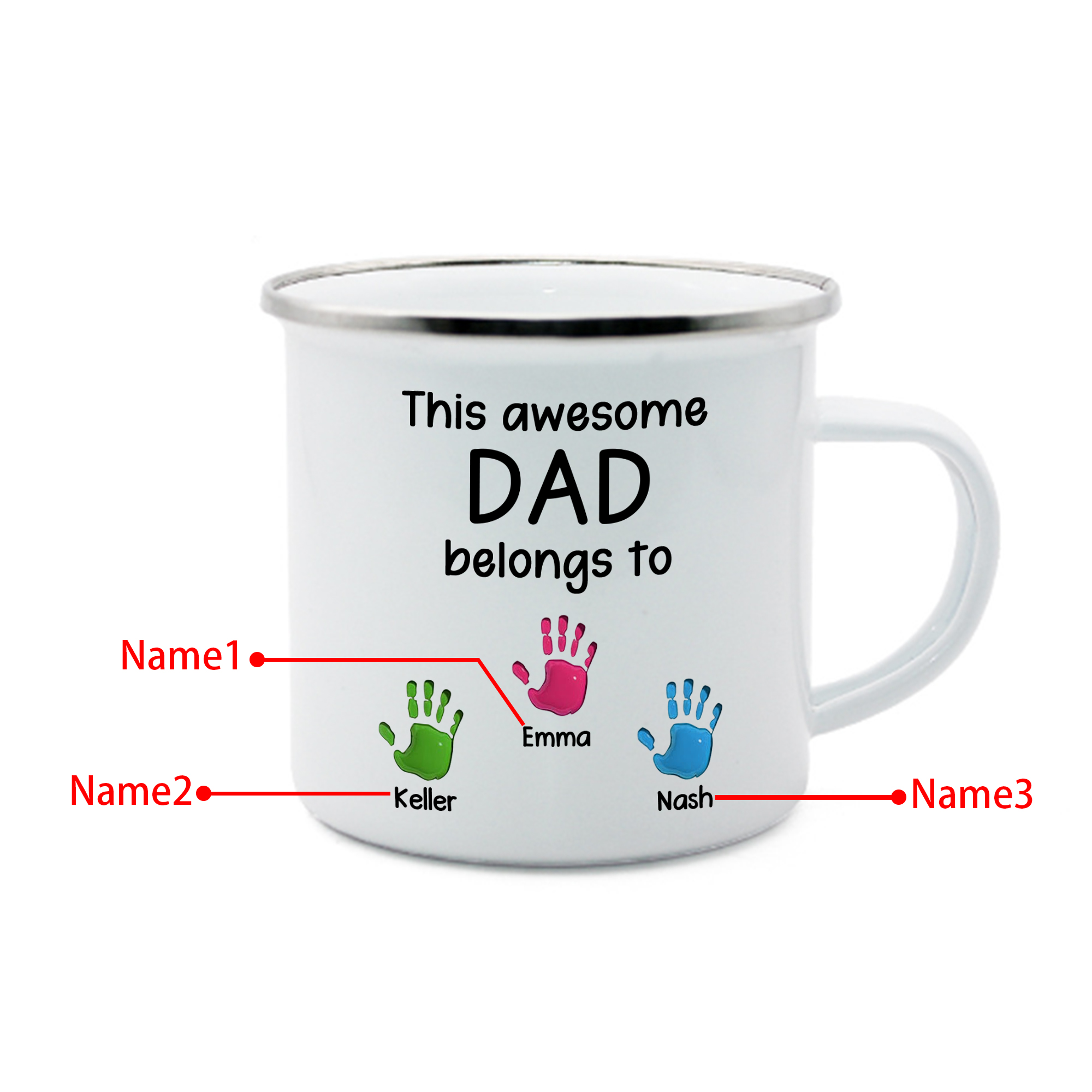 3 Names Personalized Enamel Mug – Custom Father's Day Gift | Lorajewel