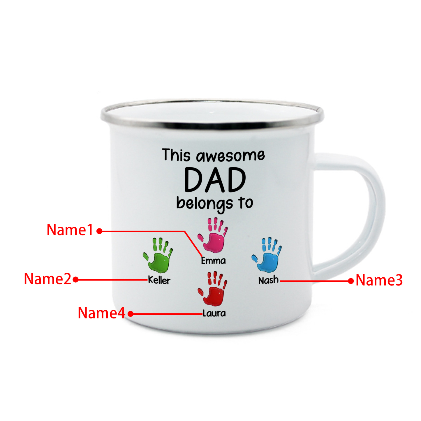 4 Names Personalized Enamel Mug – Custom Father's Day Gift | Lorajewel