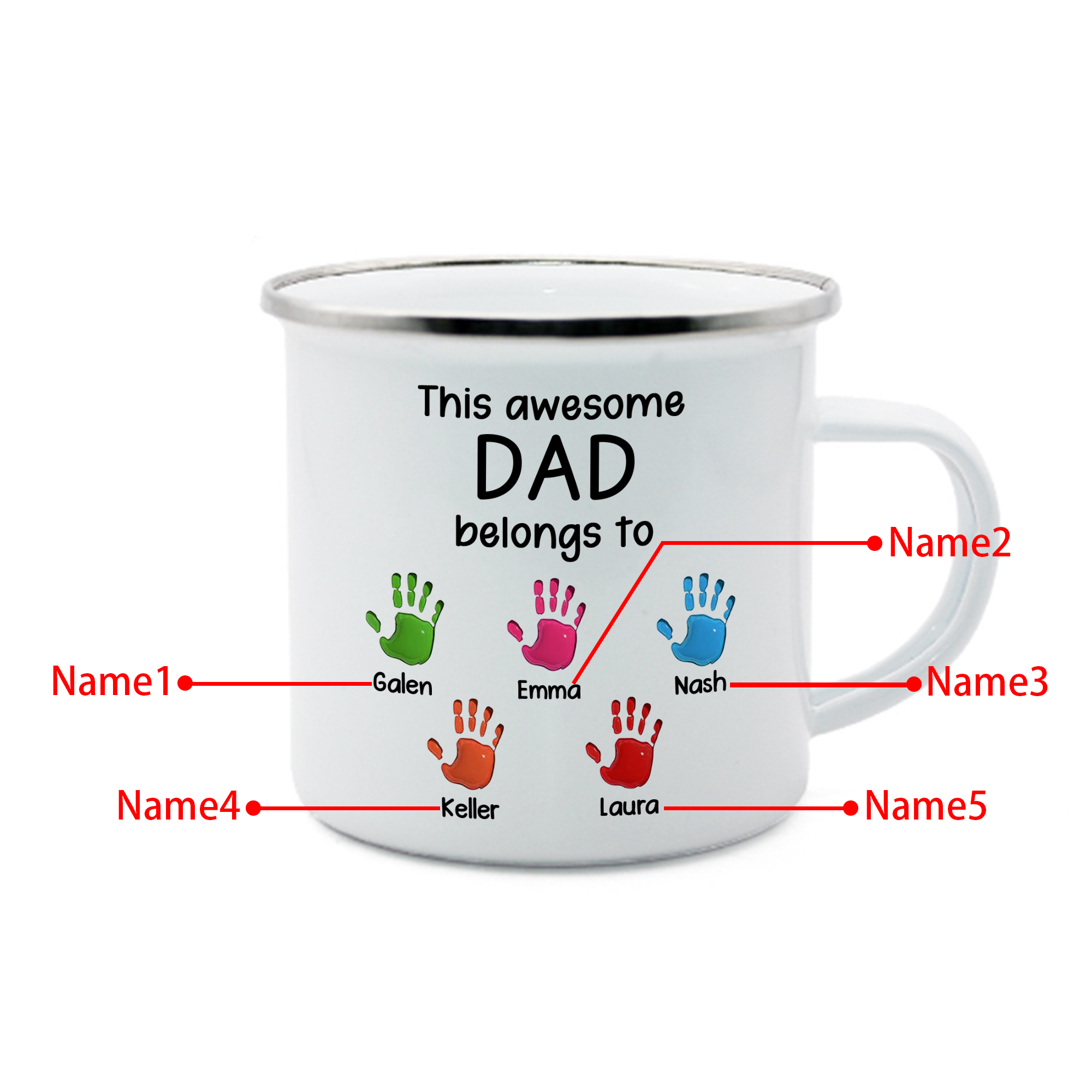 5 Names Personalized Enamel Mug – Custom Father's Day Gift | Lorajewel