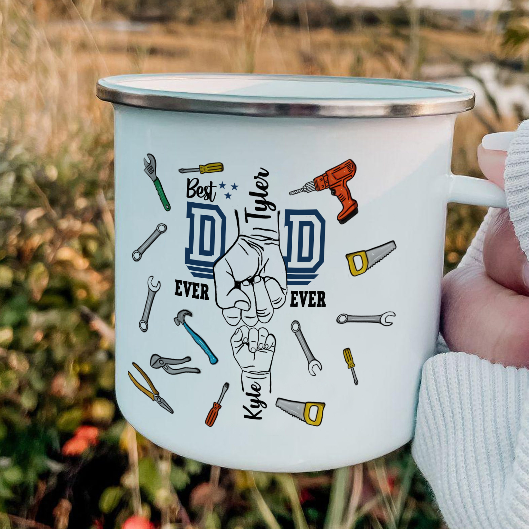 2 Names Personalized Fist Dad Enamel Mug – Custom Father's Day Gift | Lorajewel