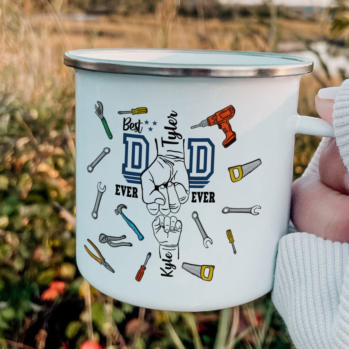 2 Names Personalized Fist Dad Enamel Mug – Custom Father's Day Gift | Lorajewel