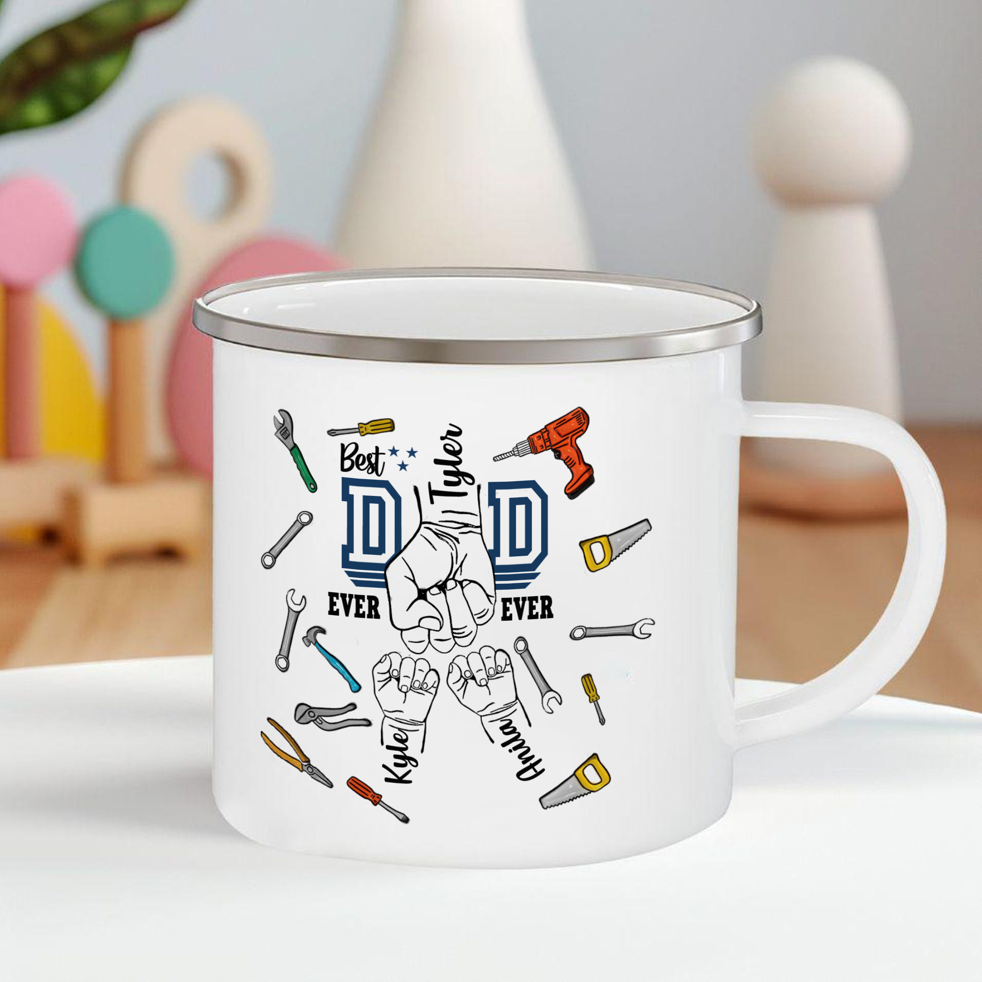3 Names Personalized Fist Dad Enamel Mug – Custom Father's Day Gift | Lorajewel