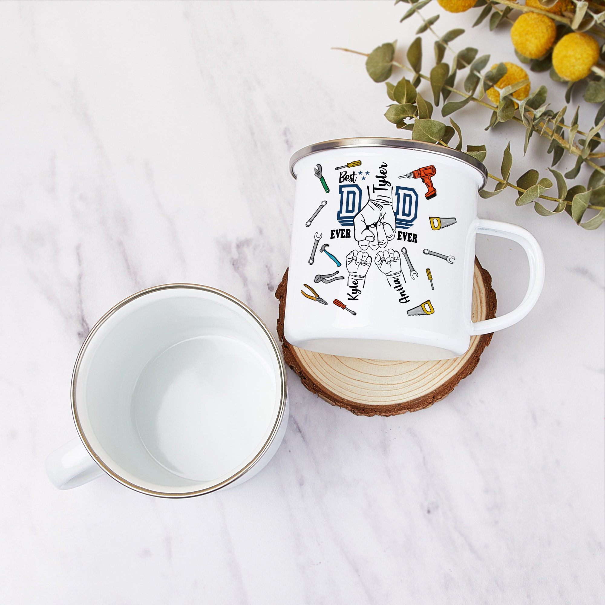 3 Names Personalized Fist Dad Enamel Mug – Custom Father's Day Gift | Lorajewel