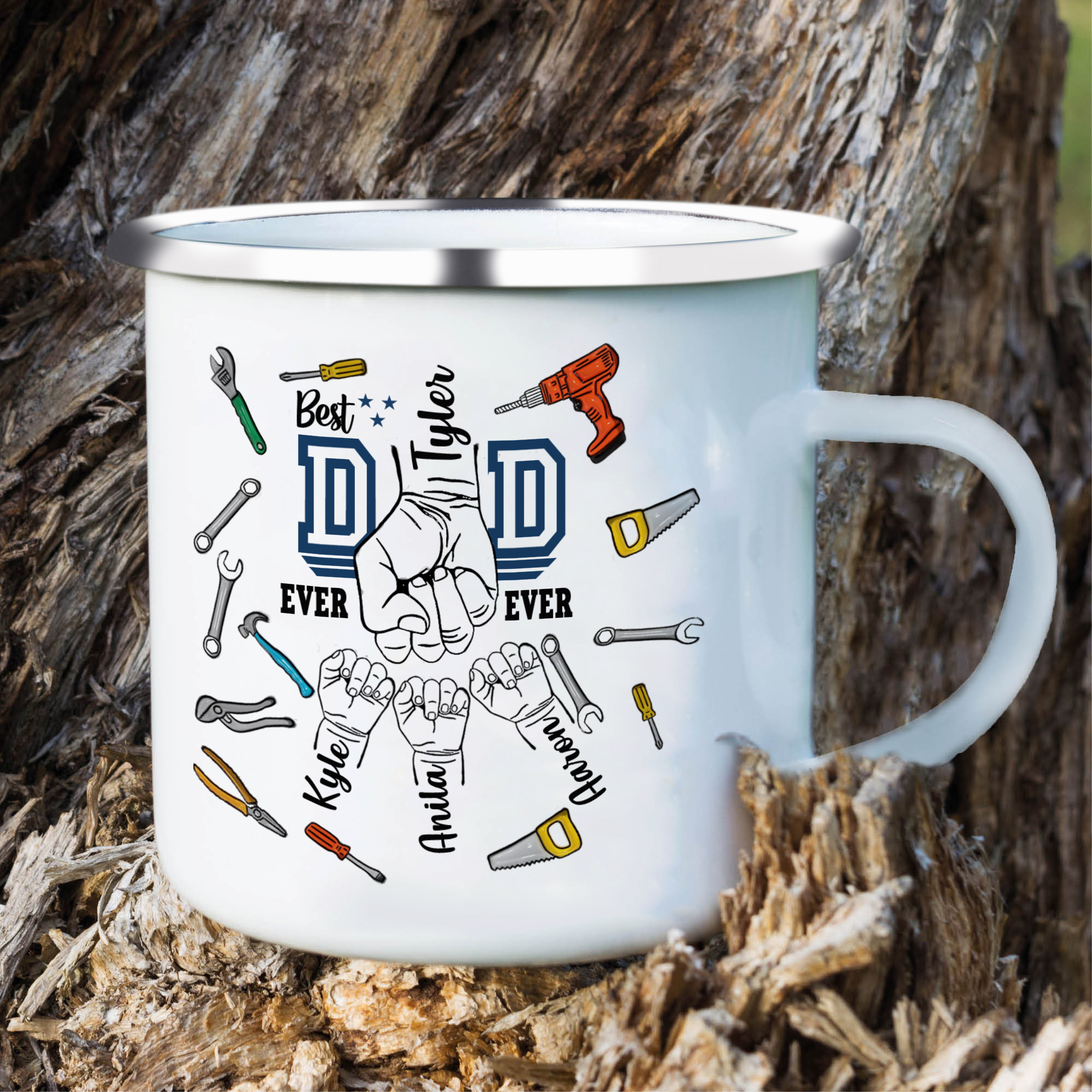 4 Names Personalized Fist Dad Enamel Mug – Custom Father's Day Gift | Lorajewel