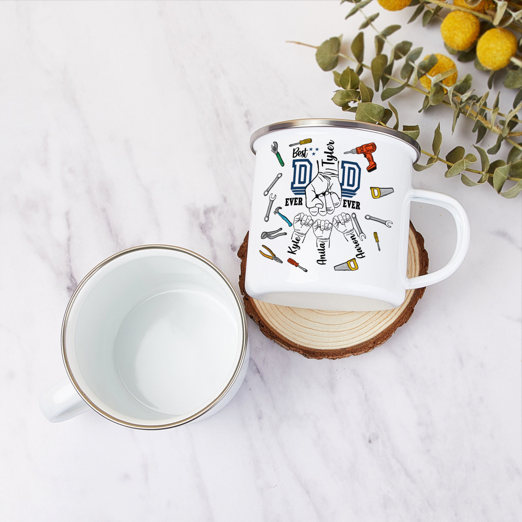 4 Names Personalized Fist Dad Enamel Mug – Custom Father's Day Gift | Lorajewel