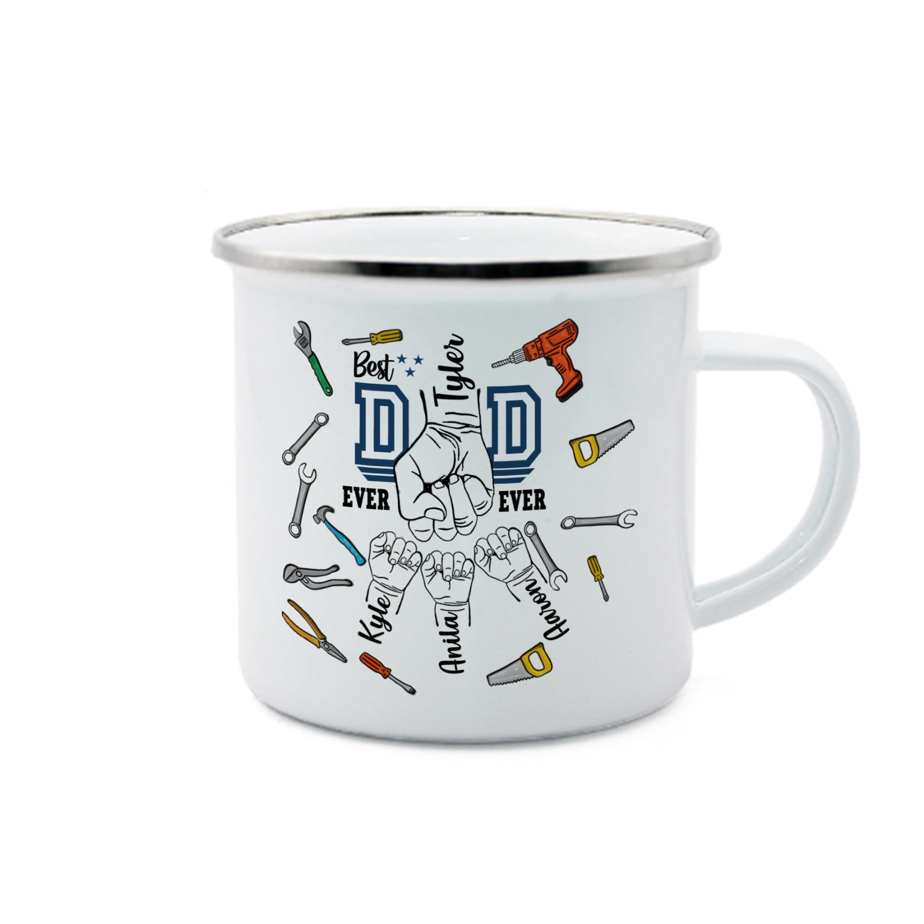 4 Names Personalized Fist Dad Enamel Mug – Custom Father's Day Gift | Lorajewel