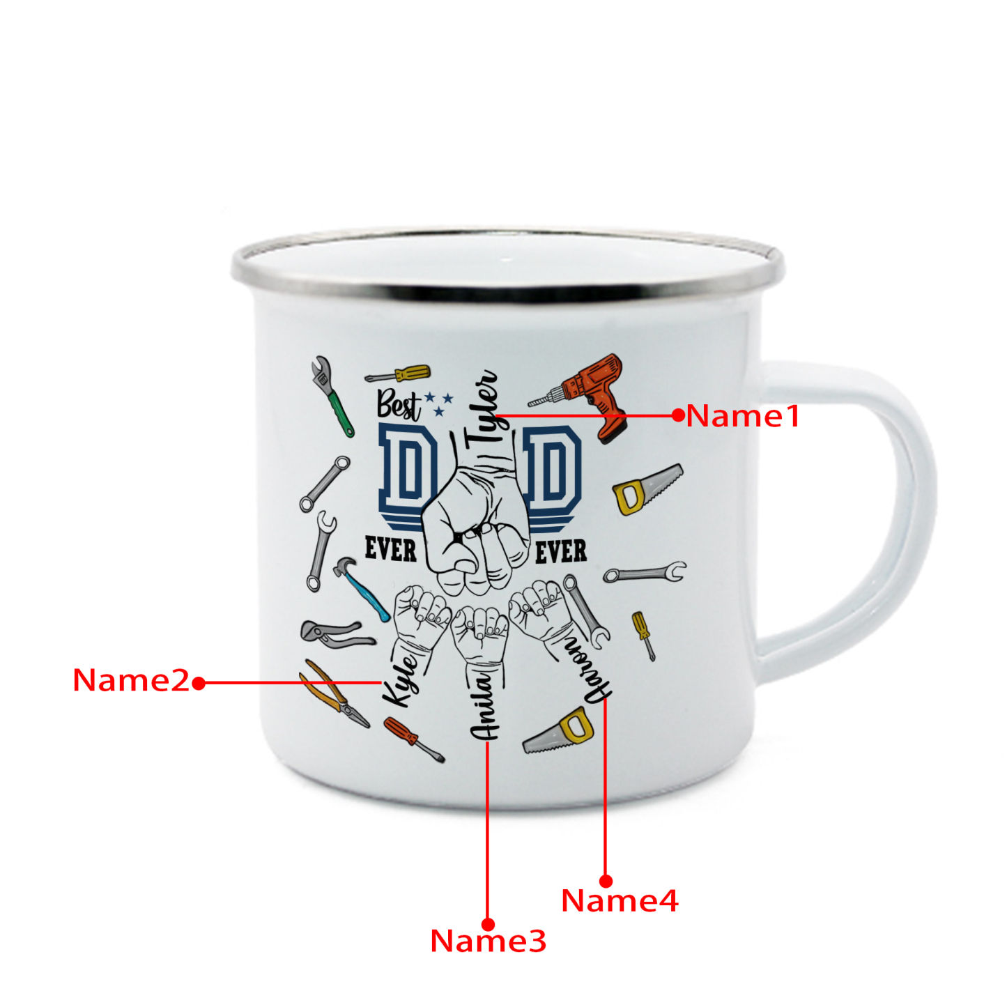 4 Names Personalized Fist Dad Enamel Mug – Custom Father's Day Gift | Lorajewel