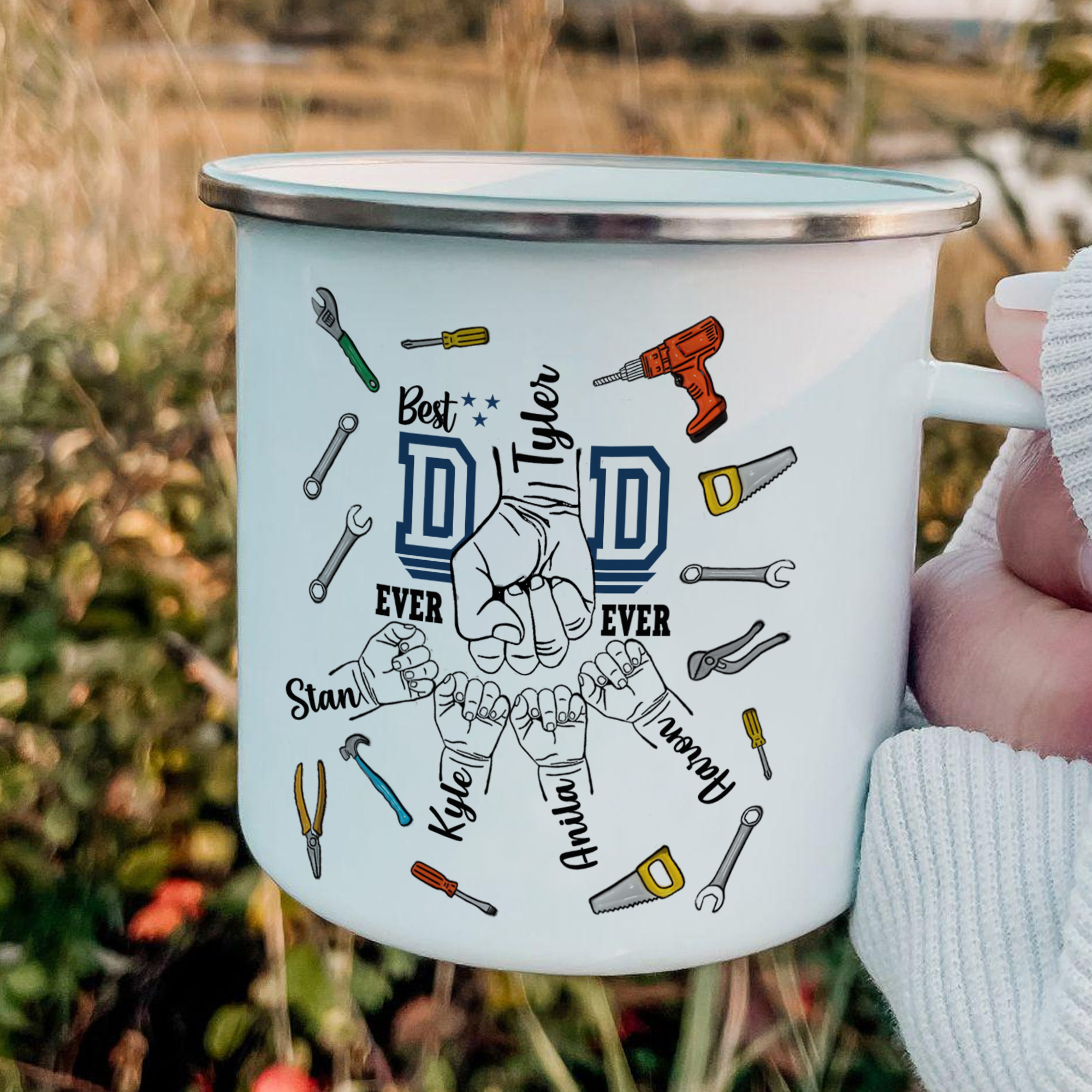 5 Names Personalized Fist Dad Enamel Mug – Custom Father's Day Gift | Lorajewel