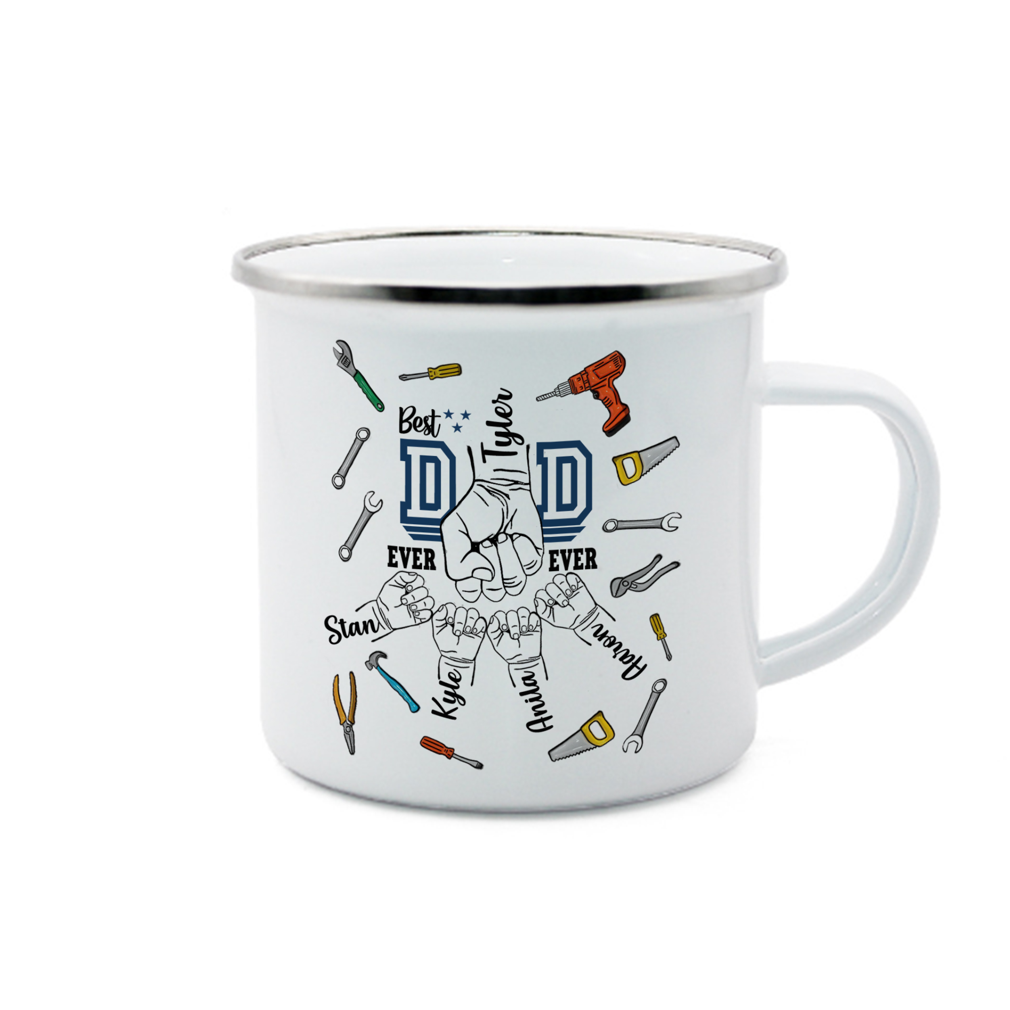 5 Names Personalized Fist Dad Enamel Mug – Custom Father's Day Gift | Lorajewel