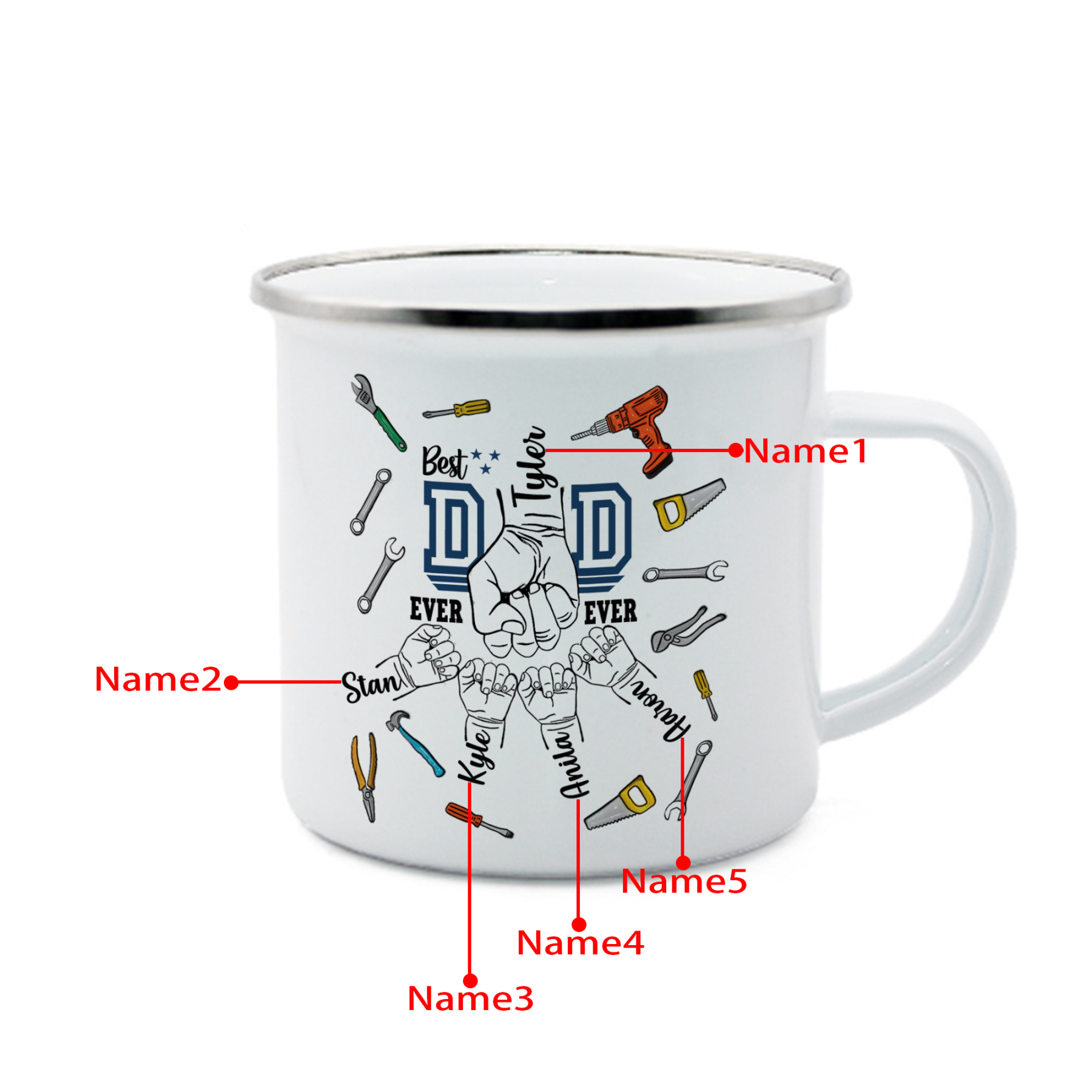 5 Names Personalized Fist Dad Enamel Mug – Custom Father's Day Gift | Lorajewel