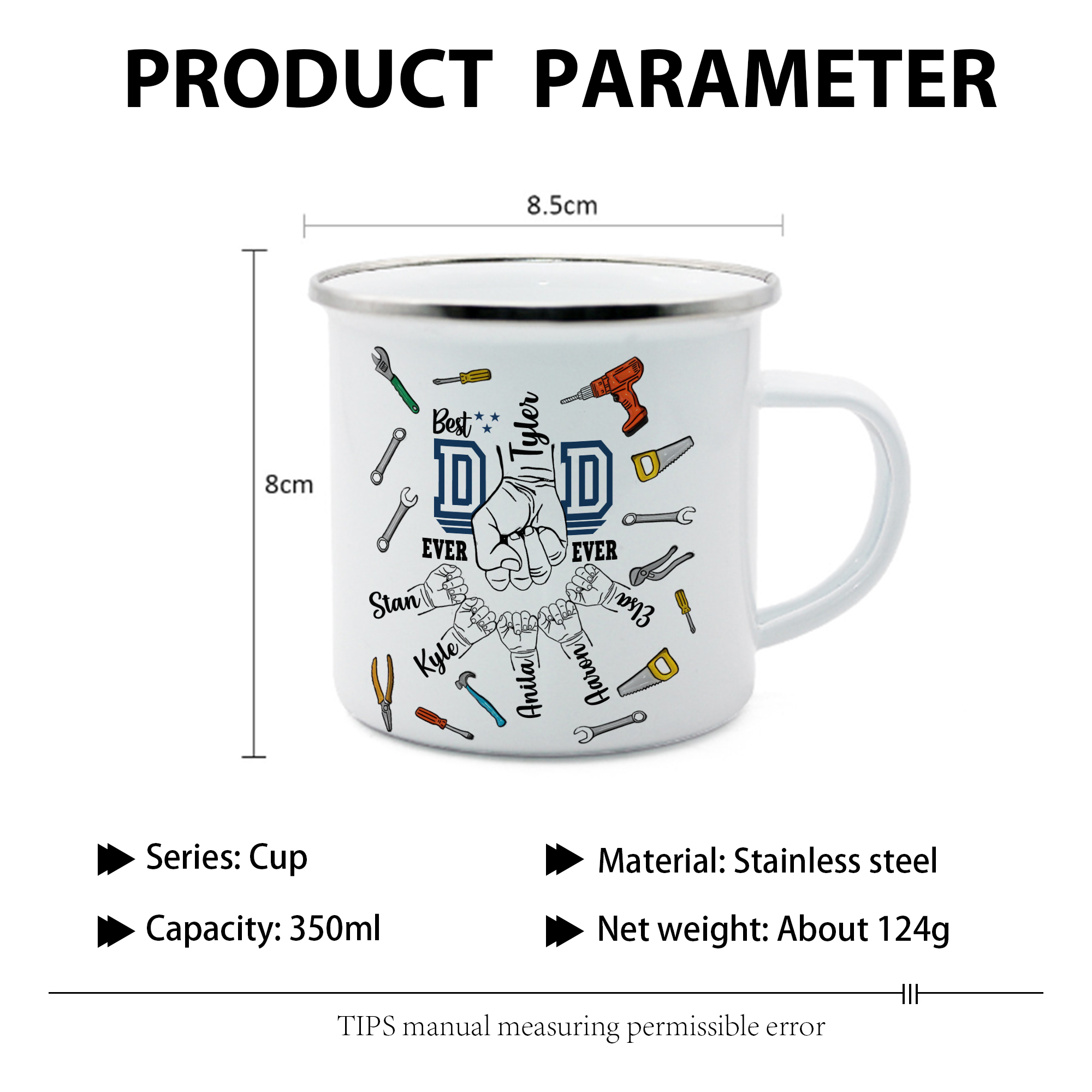 6 Names Personalized Fist Dad Enamel Mug – Custom Father's Day Gift | Lorajewel