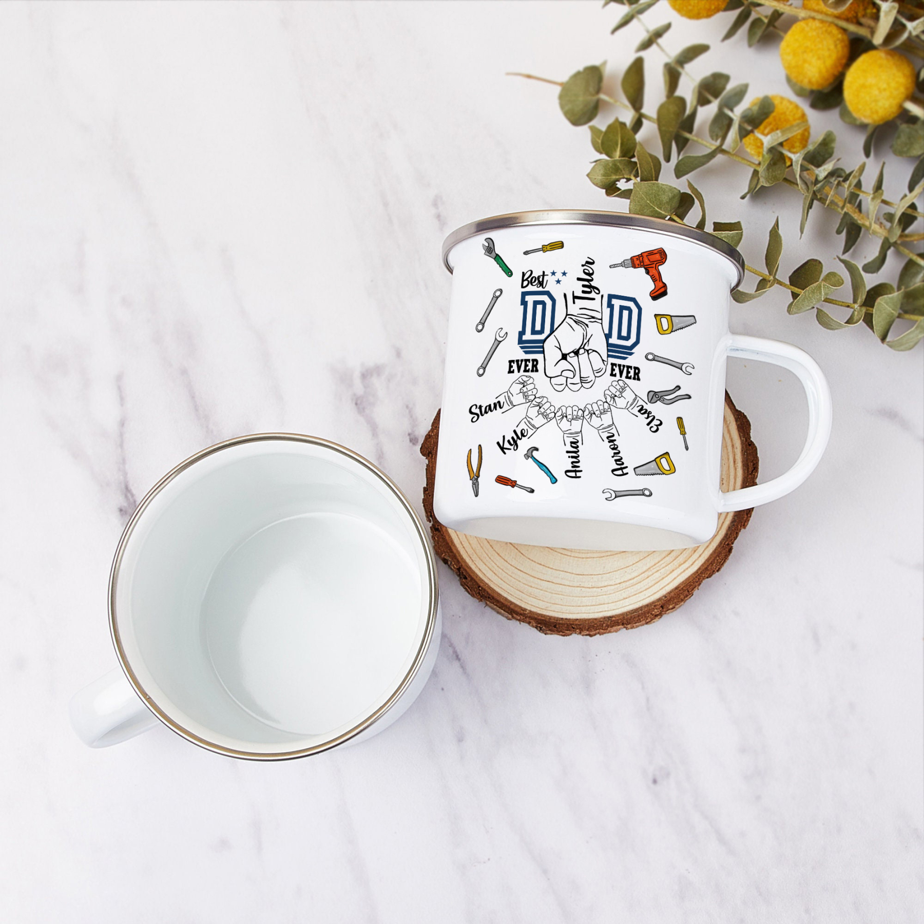 6 Names Personalized Fist Dad Enamel Mug – Custom Father's Day Gift | Lorajewel