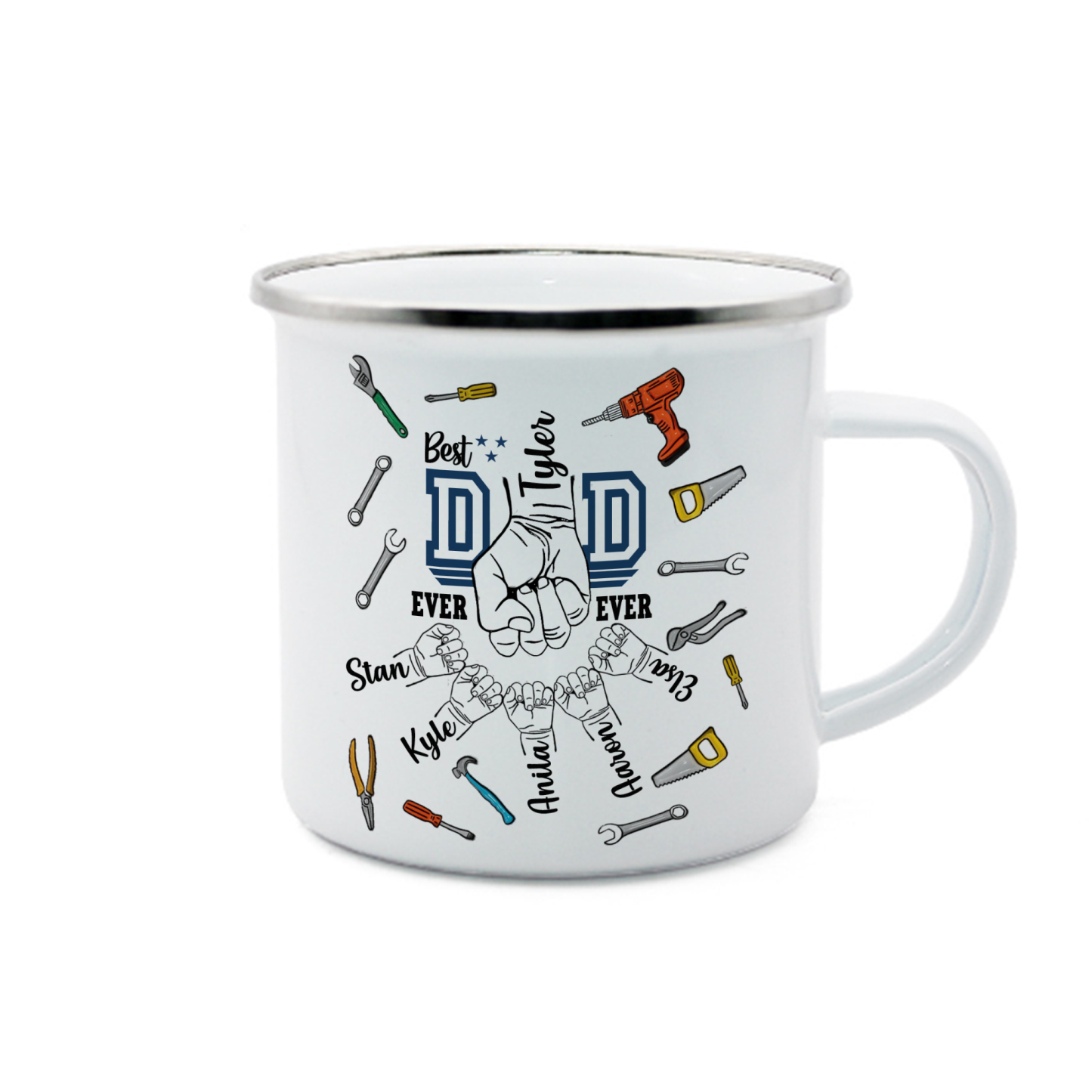 6 Names Personalized Fist Dad Enamel Mug – Custom Father's Day Gift | Lorajewel