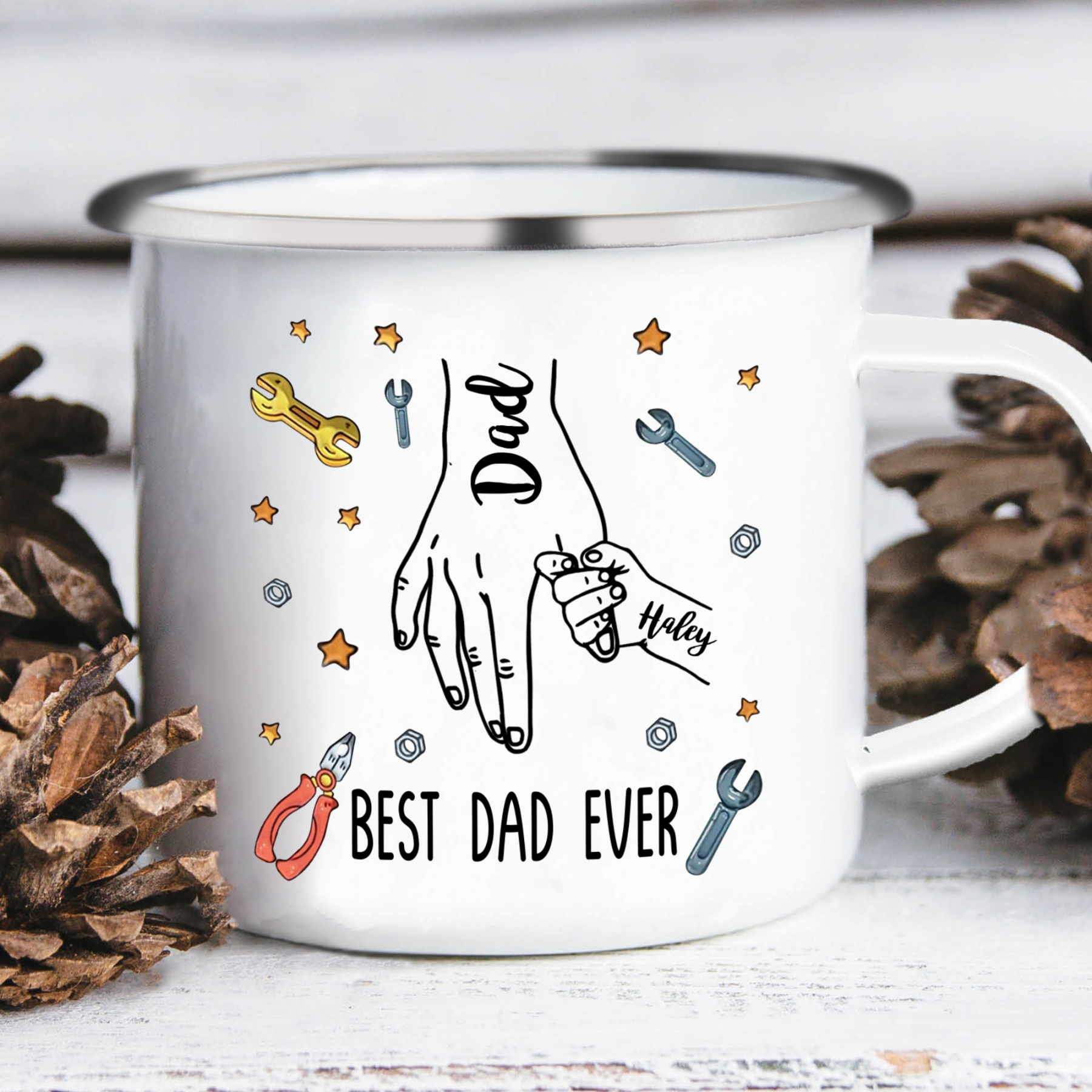 2 Names & 1 Text Personalized Best Dad Ever Enamel Mug – Custom Father's Day Gift | Lorajewel