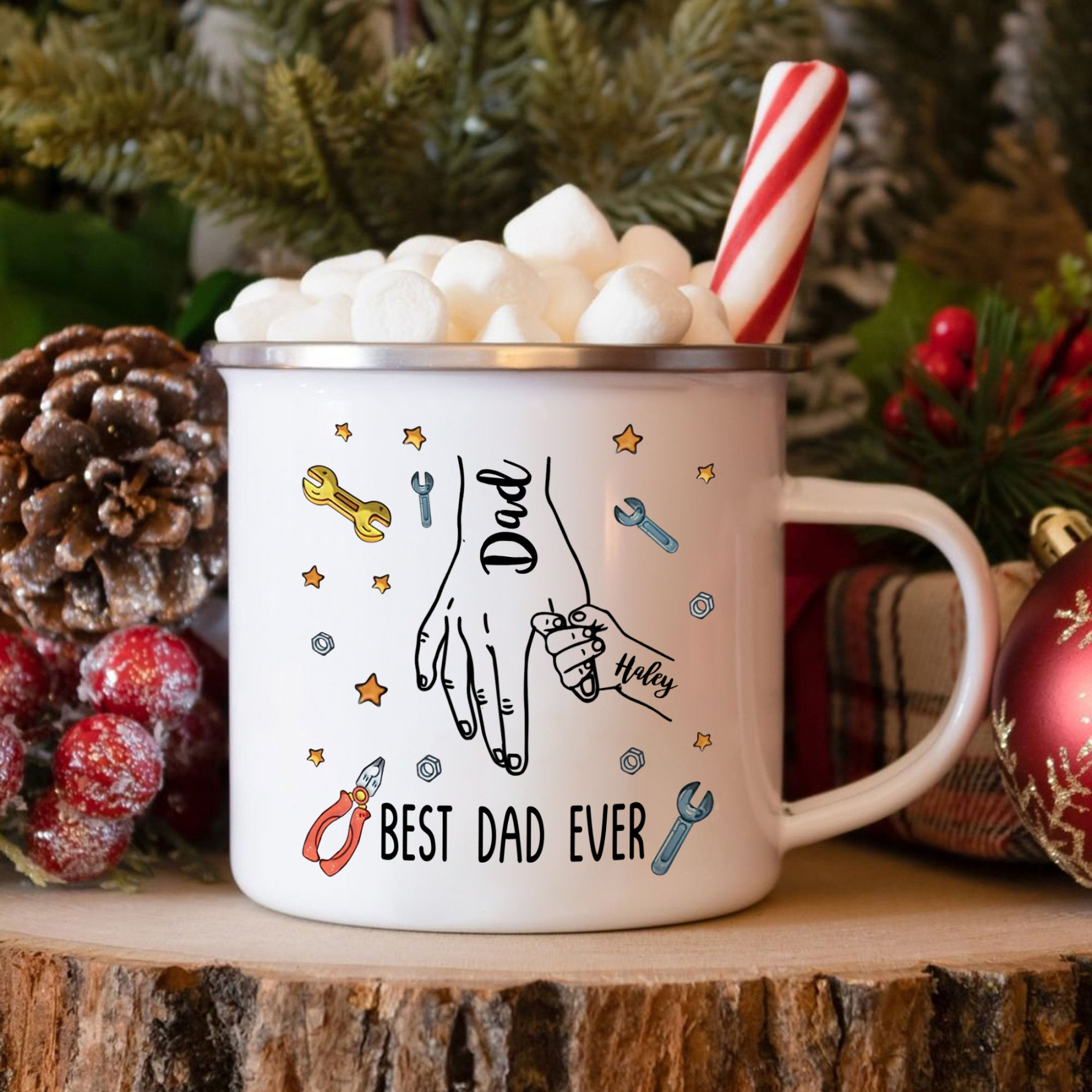 2 Names & 1 Text Personalized Best Dad Ever Enamel Mug – Custom Father's Day Gift | Lorajewel