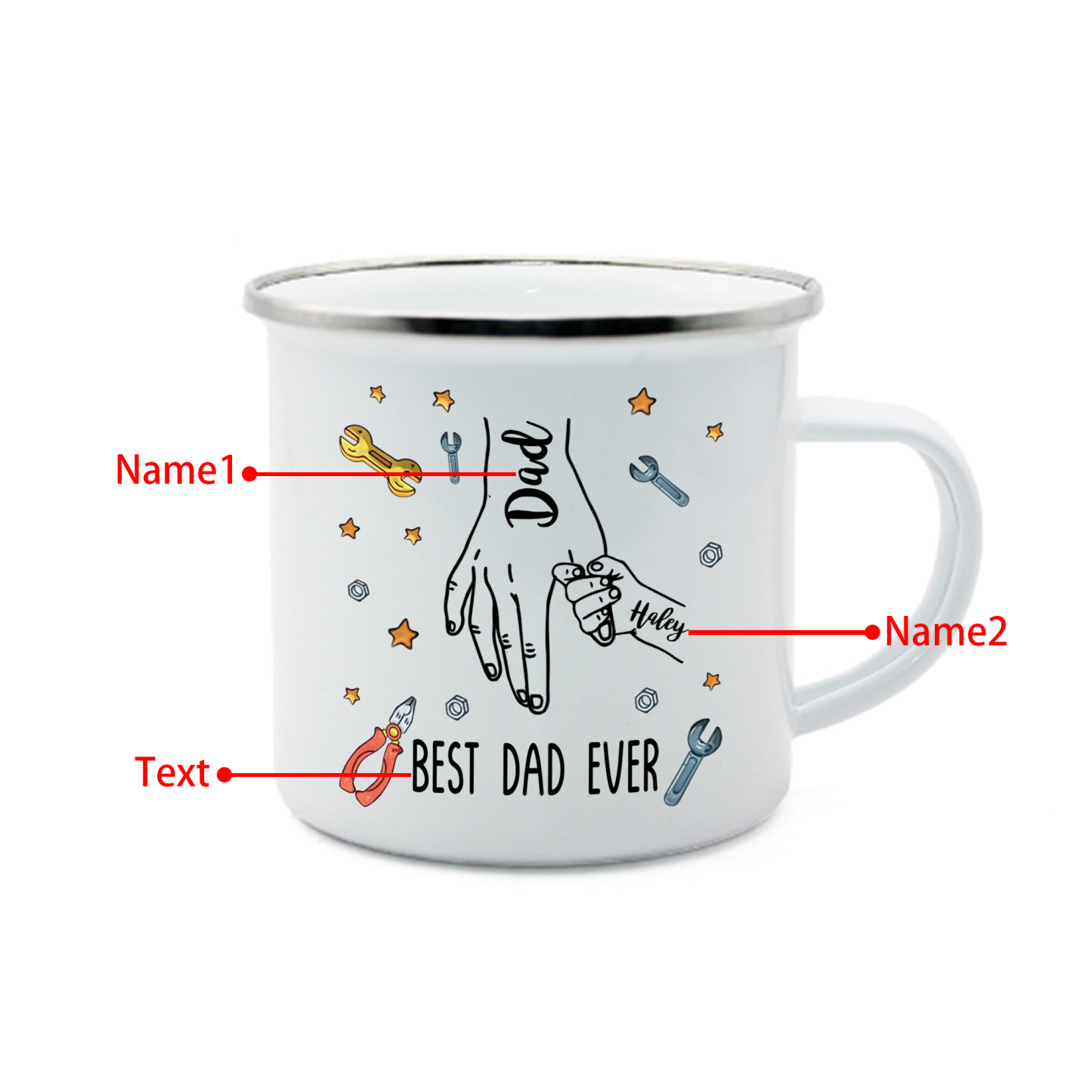 2 Names & 1 Text Personalized Best Dad Ever Enamel Mug – Custom Father's Day Gift | Lorajewel