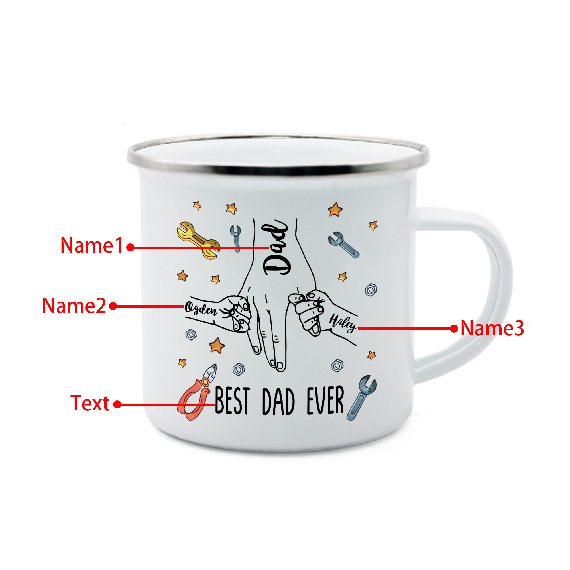 3 Names & 1 Text Personalized Best Dad Ever Enamel Mug – Custom Father's Day Gift | Lorajewel