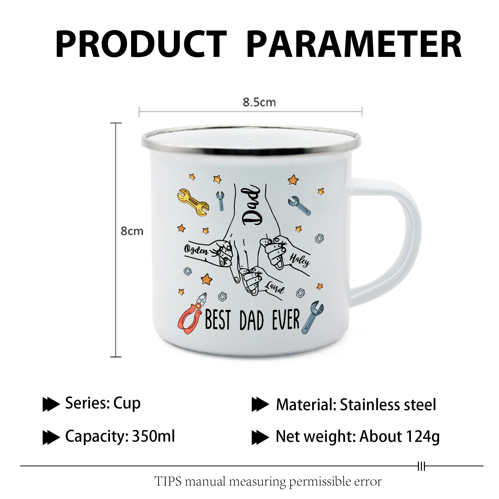 4 Names & 1 Text Personalized Best Dad Ever Enamel Mug – Custom Father's Day Gift | Lorajewel